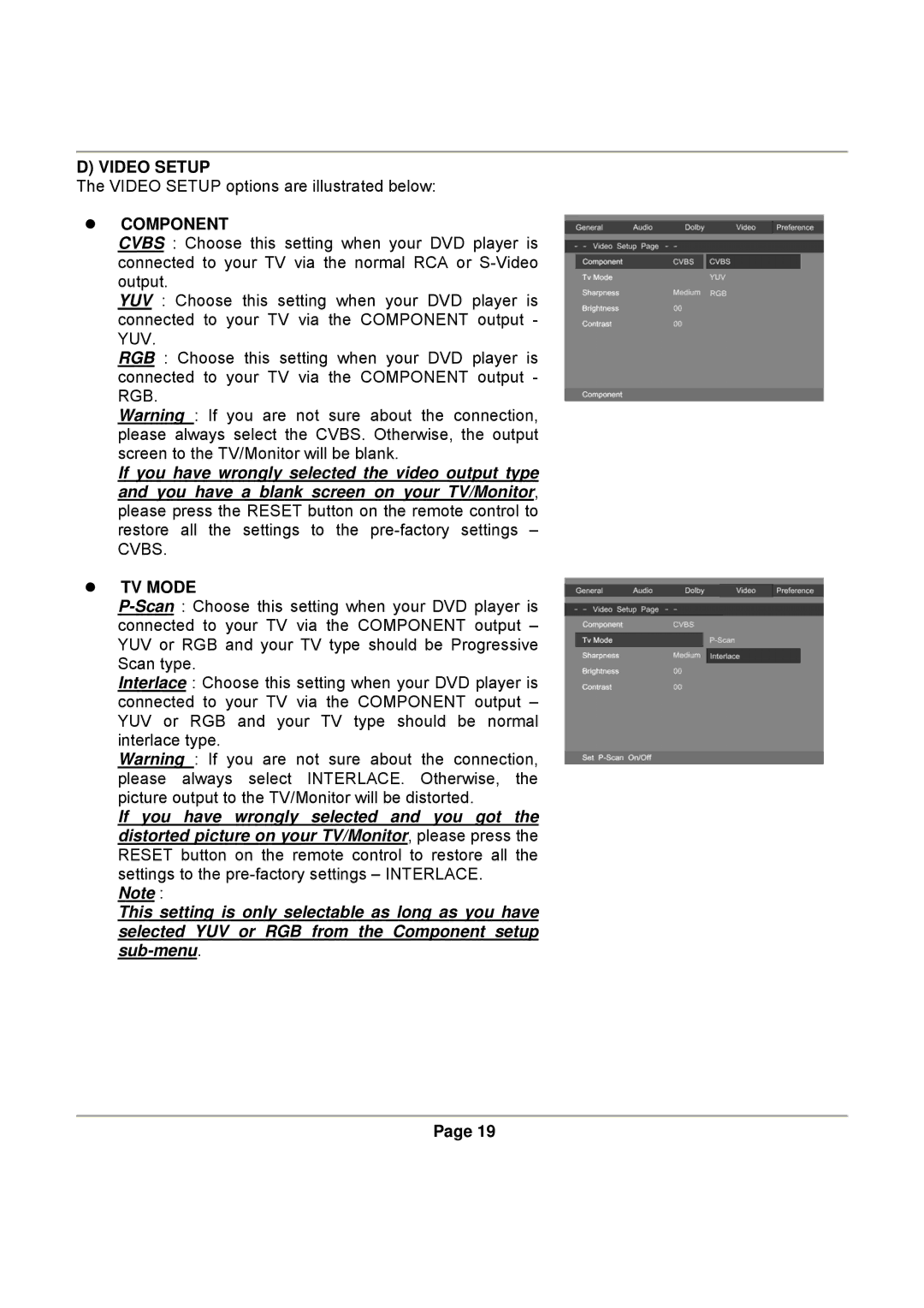 Magnasonic DVD830 instruction manual Video Setup, Component, TV Mode 