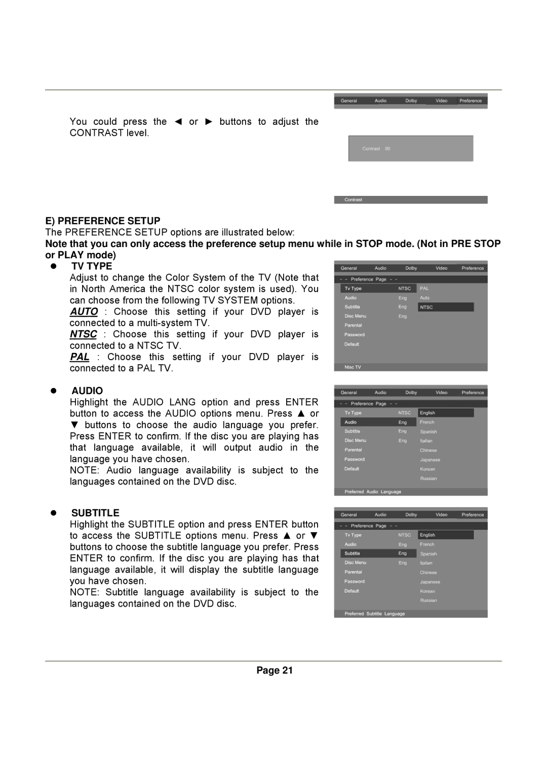 Magnasonic DVD830 instruction manual Preference Setup, TV Type, Audio, Subtitle 