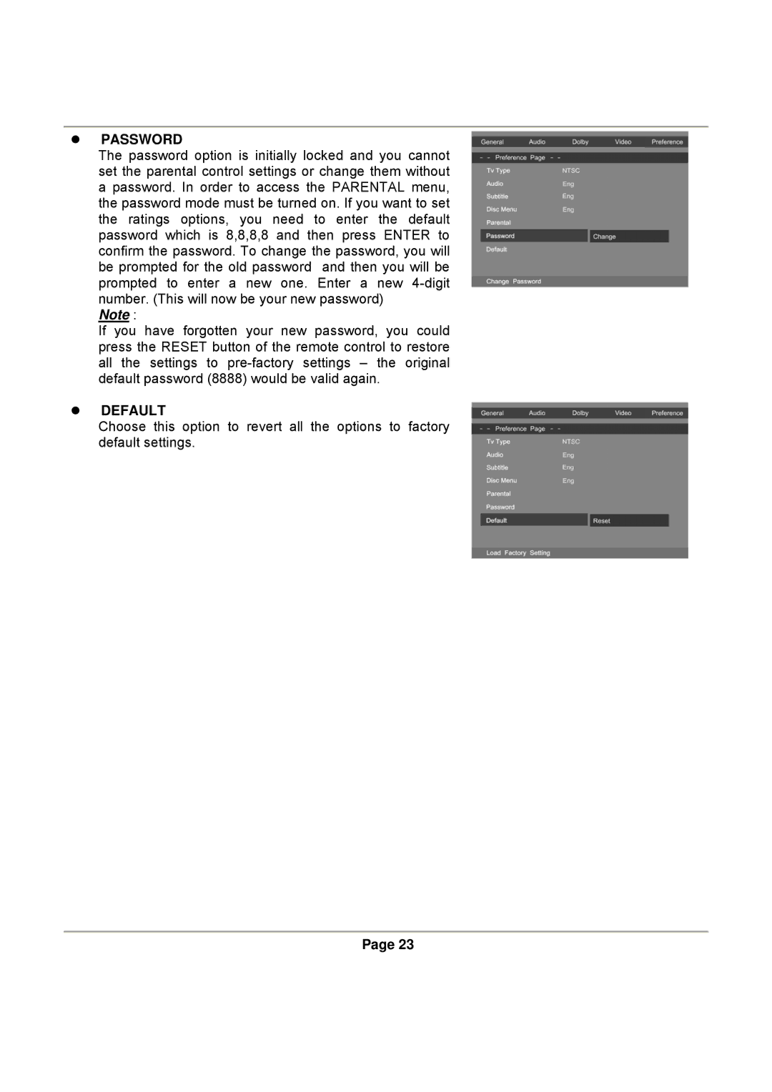 Magnasonic DVD830 instruction manual Password, Default 