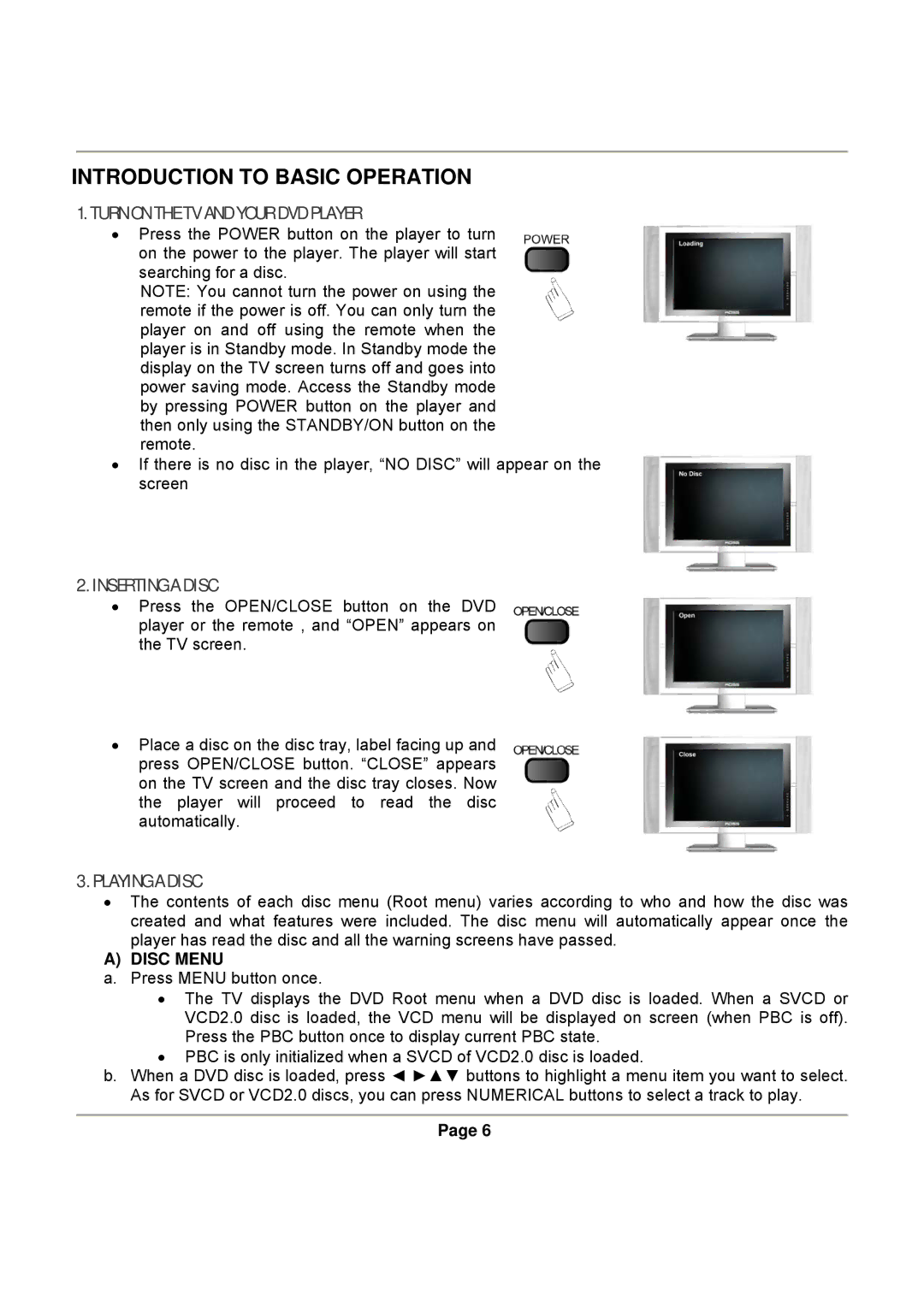 Magnasonic DVD830 Introduction to Basic Operation, Turn on the TV and Your DVD Player, Inserting a Disc, Playing a Disc 