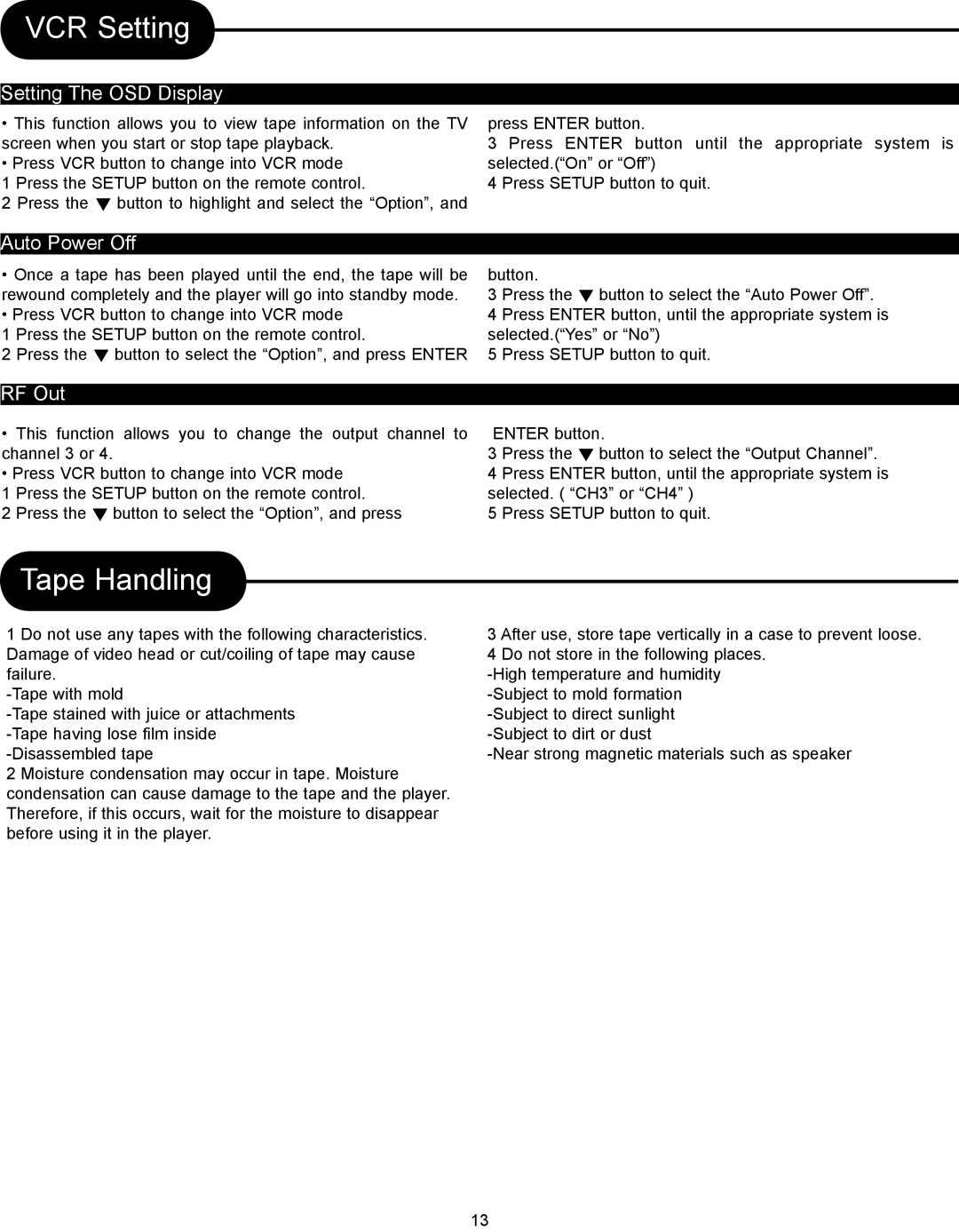 Magnasonic DVD833-2 instruction manual Tape Handling, Setting The OSD Display, Auto Power Off, RF Out 