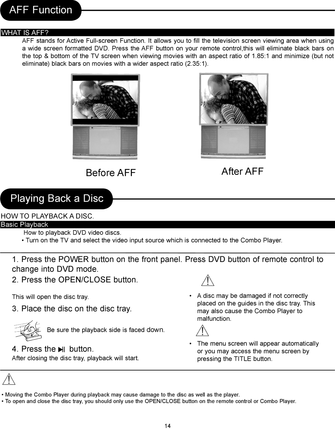 Magnasonic DVD833-2 instruction manual AFF Function, Playing Back a Disc, What is AFF?, Basic Playback 