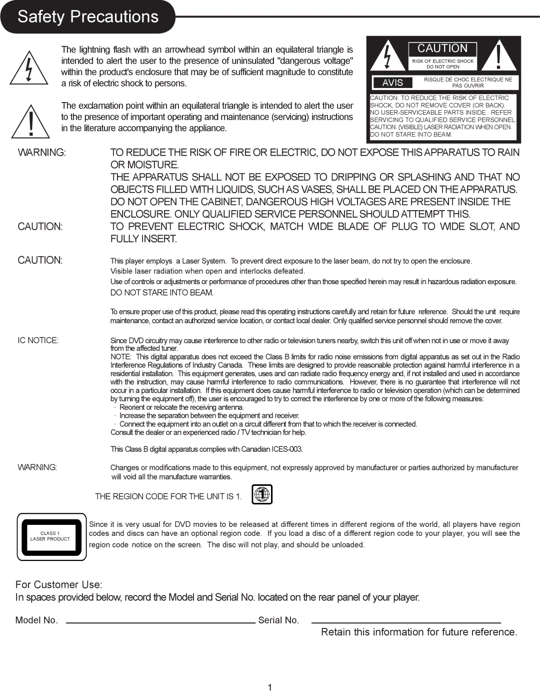 Magnasonic DVD833-2 instruction manual Safety Precautions, Retain this information for future reference 