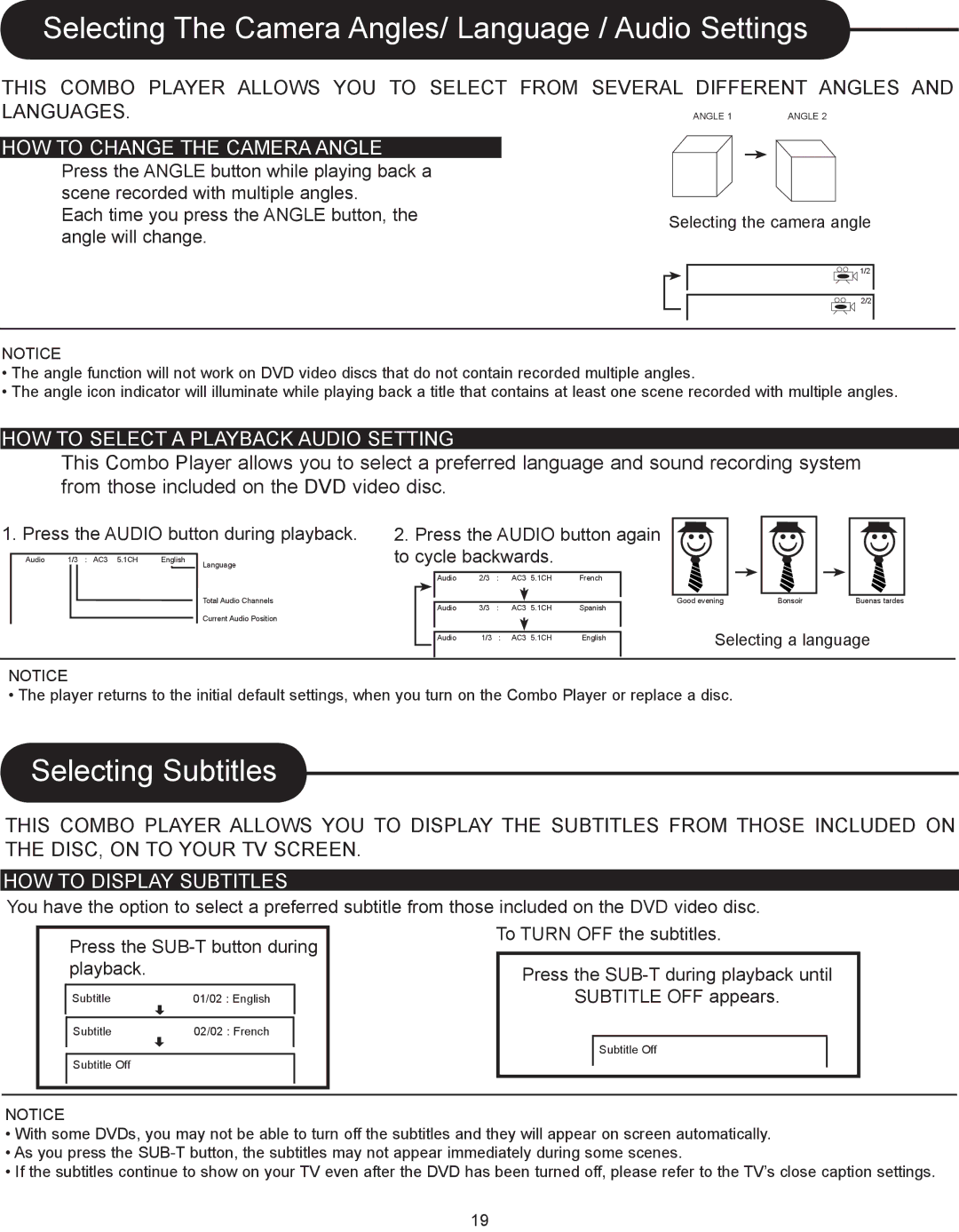 Magnasonic DVD833-2 Selecting The Camera Angles/ Language / Audio Settings, Selecting Subtitles, HOW to Display Subtitles 