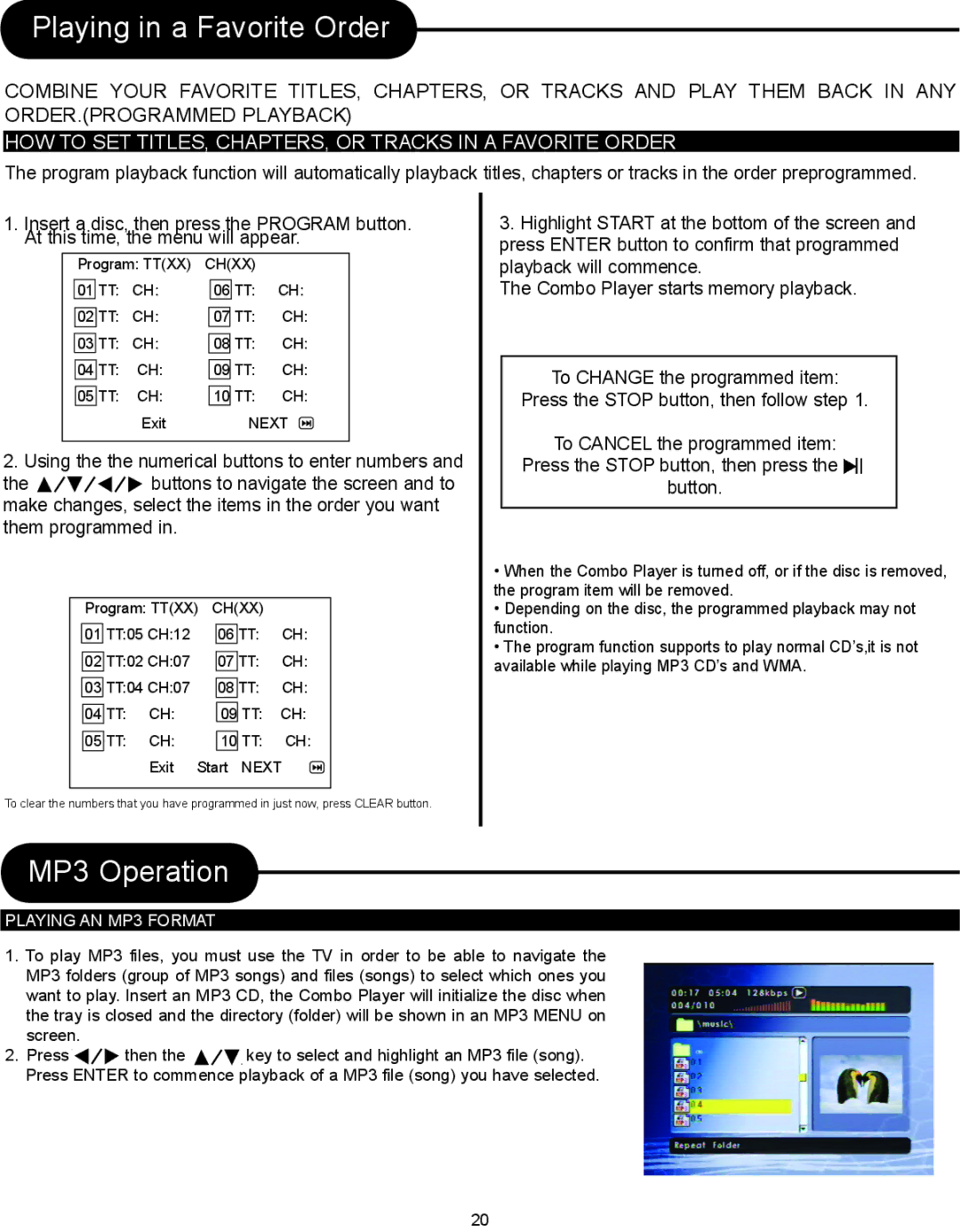 Magnasonic DVD833-2 Playing in a Favorite Order, MP3 Operation, HOW to SET TITLES, CHAPTERS, or Tracks in a Favorite Order 