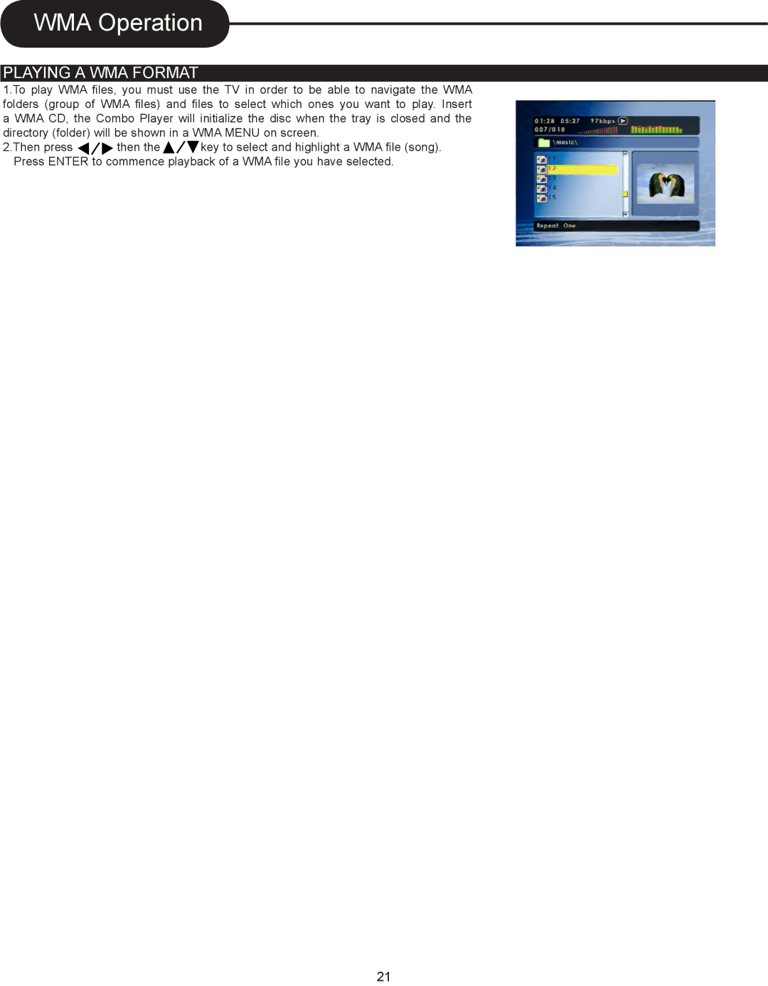 Magnasonic DVD833-2 instruction manual WMA Operation, Playing a WMA Format 