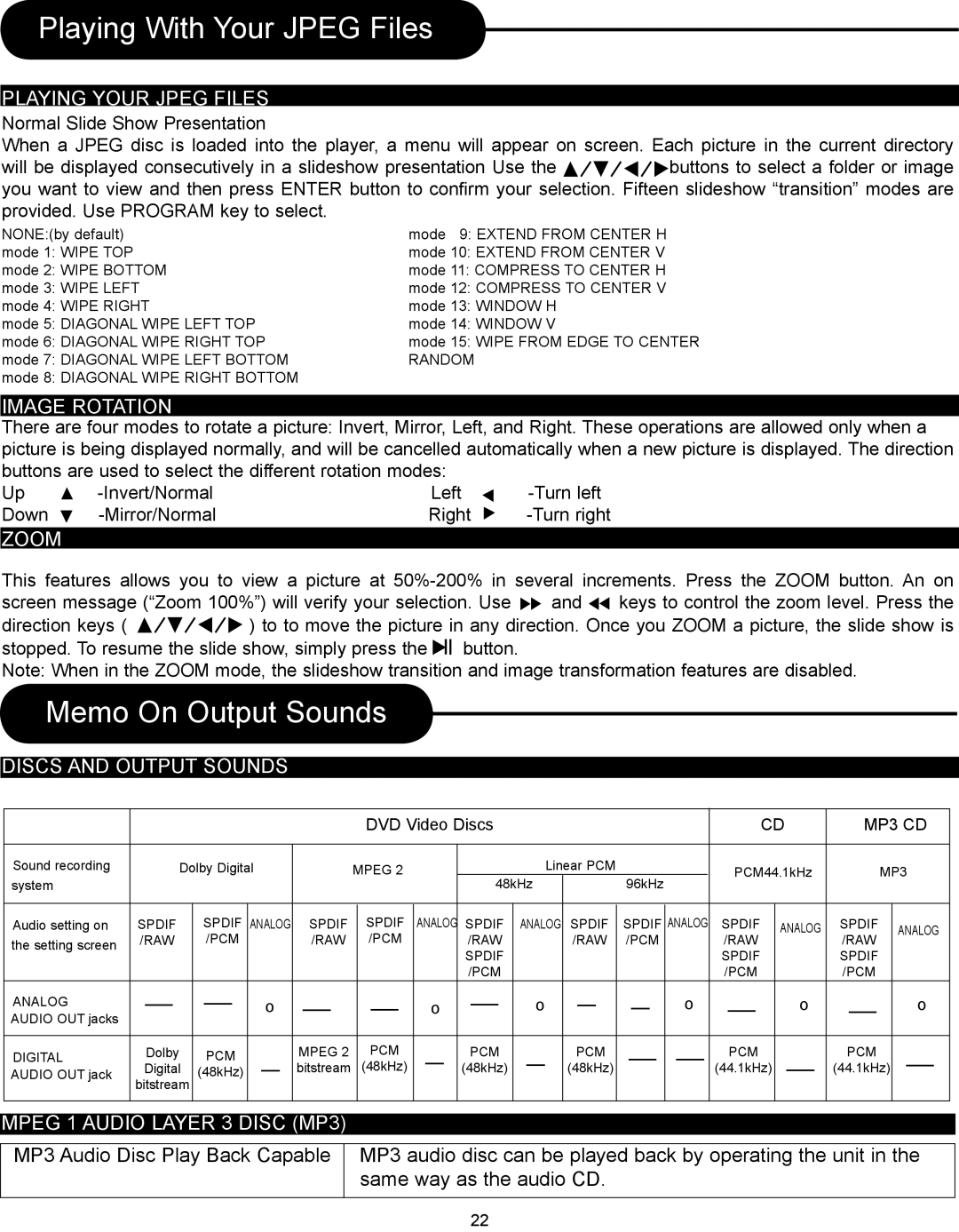 Magnasonic DVD833-2 instruction manual Playing With Your Jpeg Files, Memo On Output Sounds 