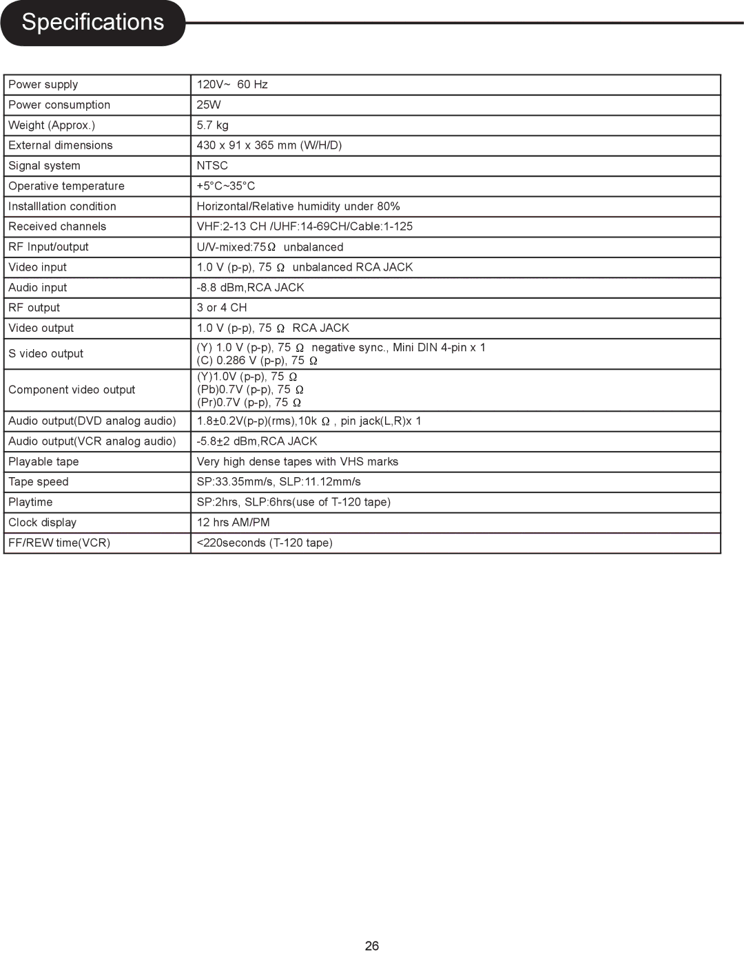 Magnasonic DVD833-2 instruction manual Specifications, Ntsc 