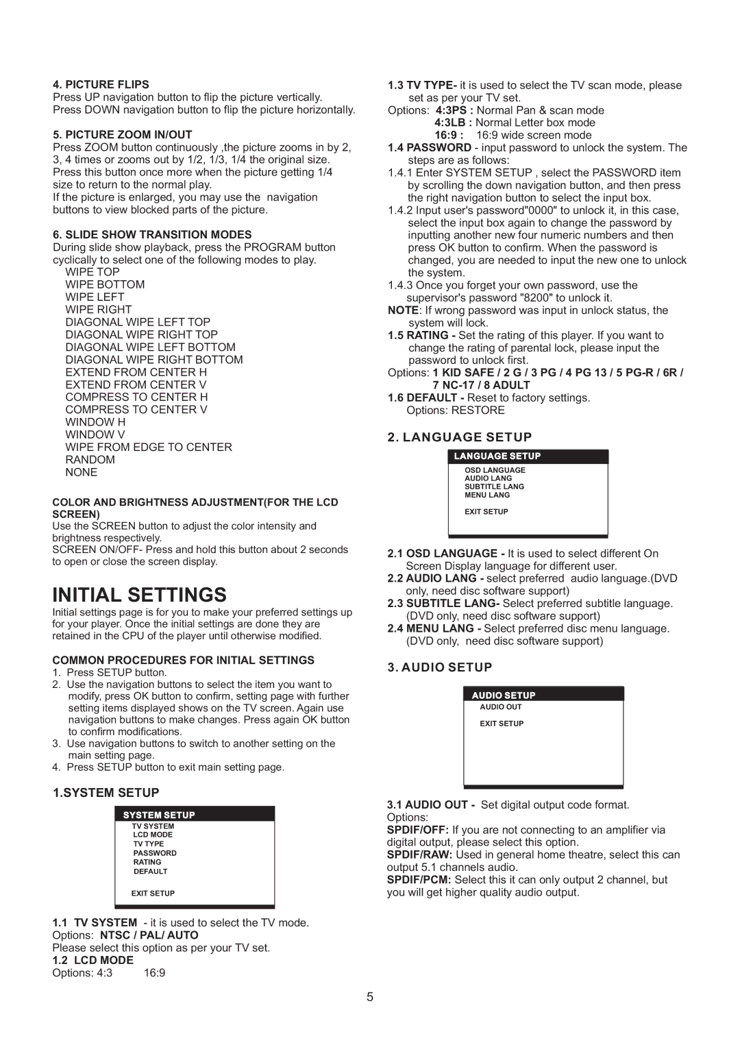 Magnasonic DVD850-2 instruction manual System Setup, Language Setup, Audio Setup 