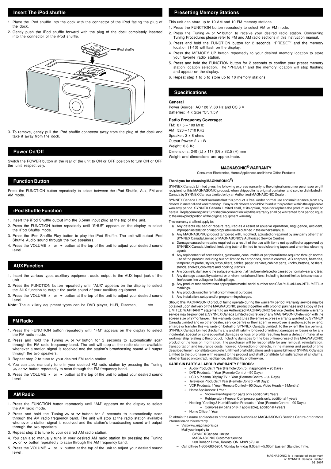 Magnasonic iP642M Insert The iPod shuffle, Power On/Off, Function Button, IPod Shuffle Function, AUX Function, FM Radio 