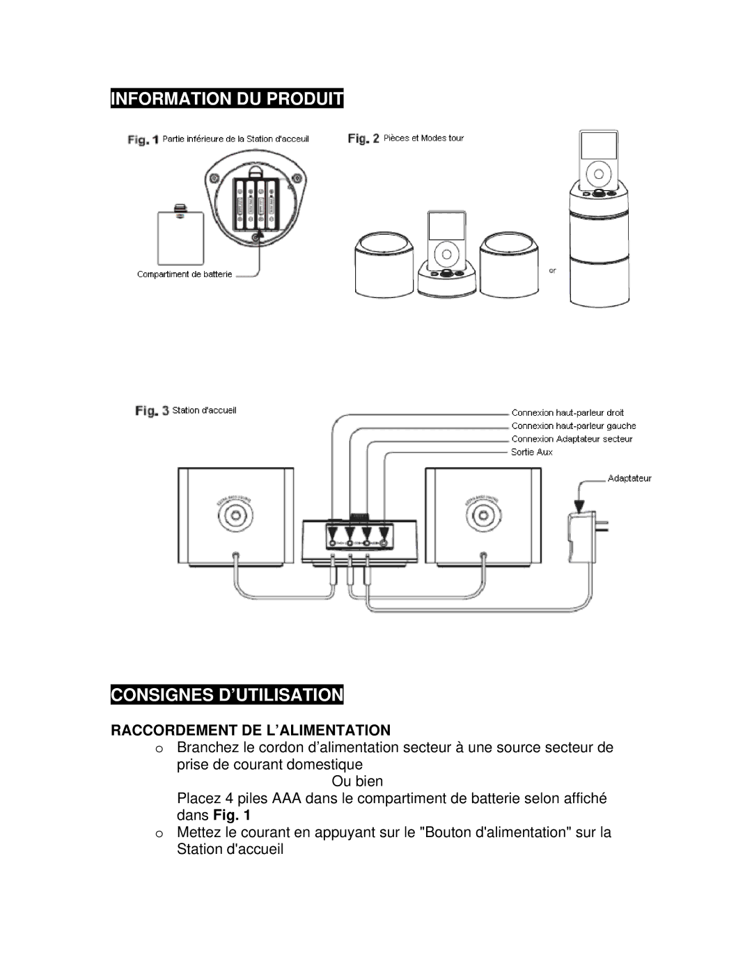 Magnasonic iP860K instruction manual Information DU Produit Consignes D’UTILISATION, Raccordement DE L’ALIMENTATION 