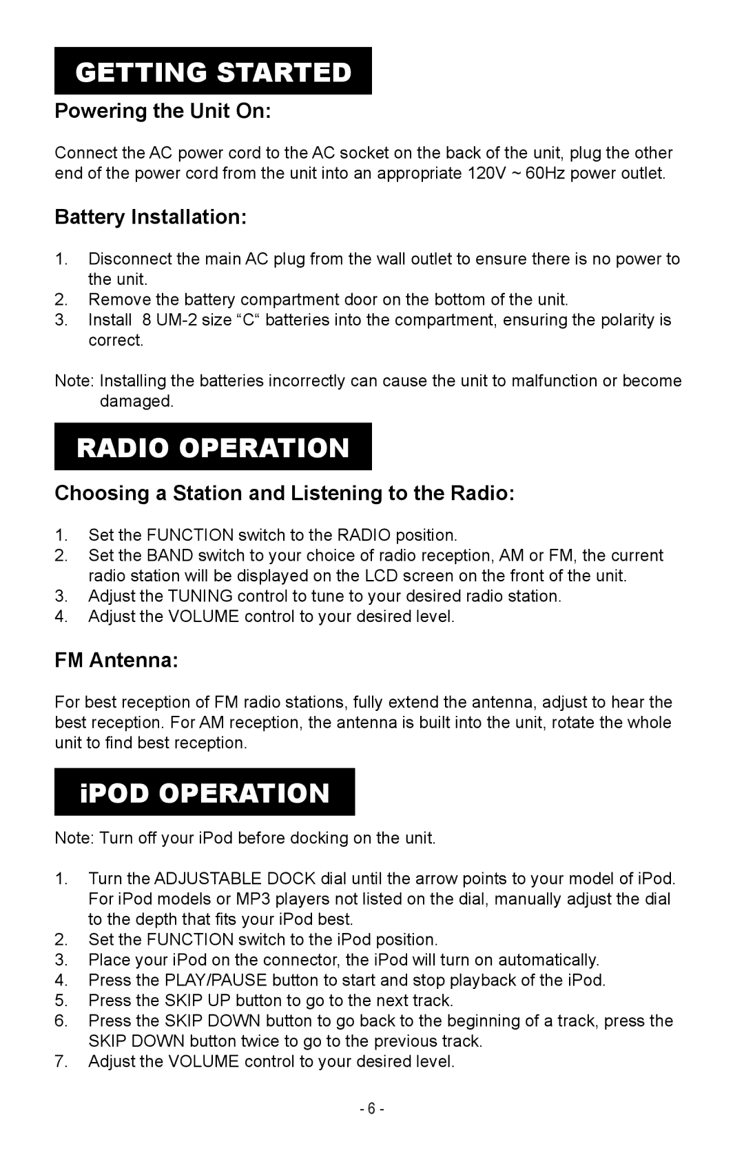 Magnasonic IP870k instruction manual Getting Started, Radio Operation, IPOD Operation 