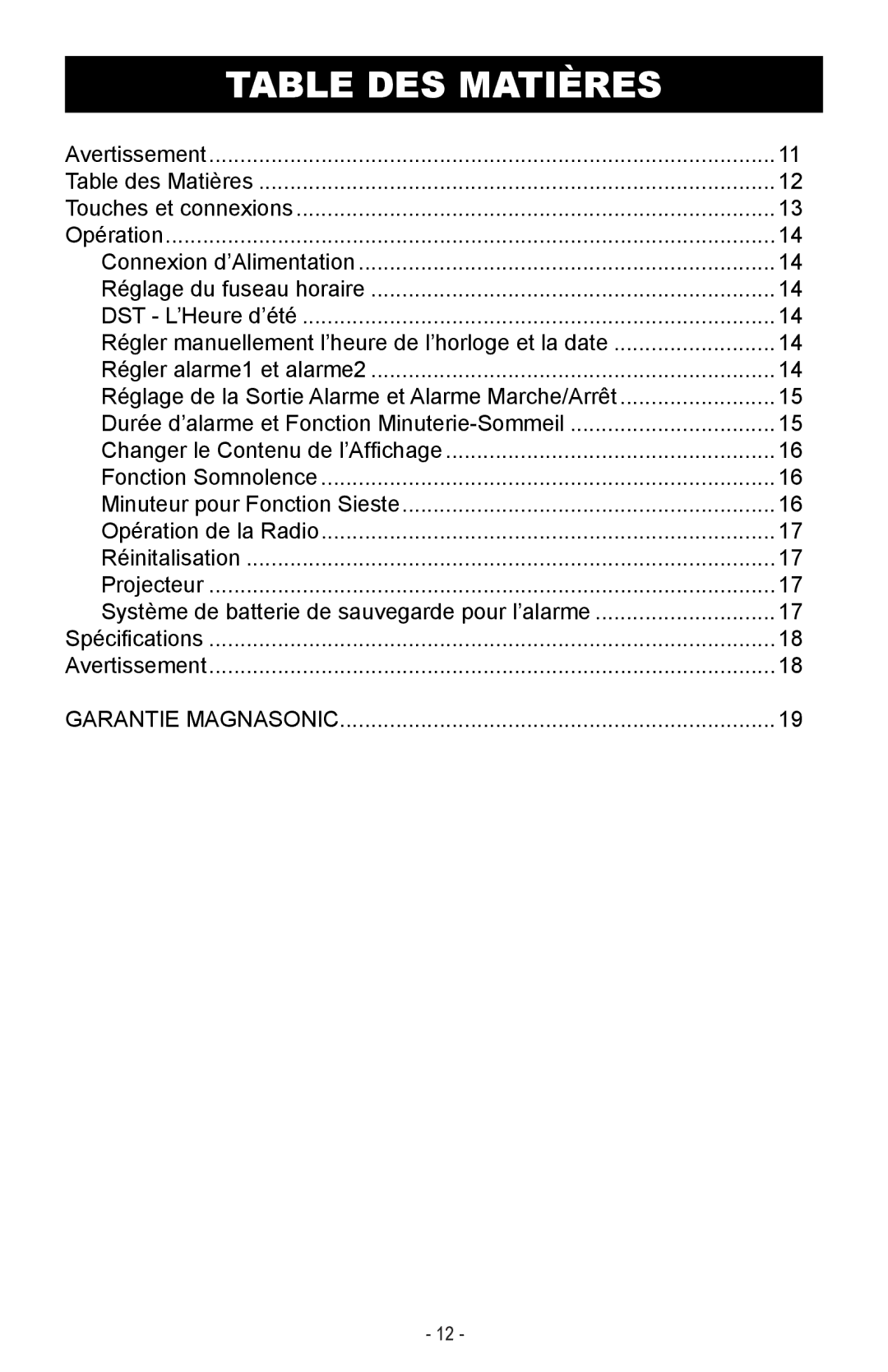 Magnasonic MAAC500 instruction manual Table DES Matières 