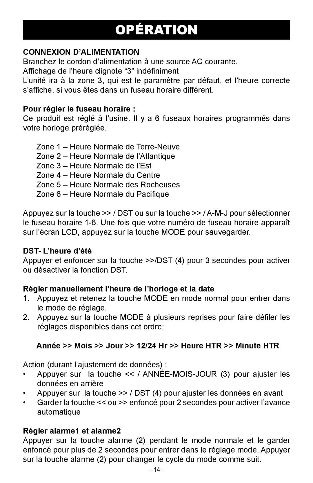 Magnasonic MAAC500 instruction manual Opération, Connexion D’ALIMENTATION 