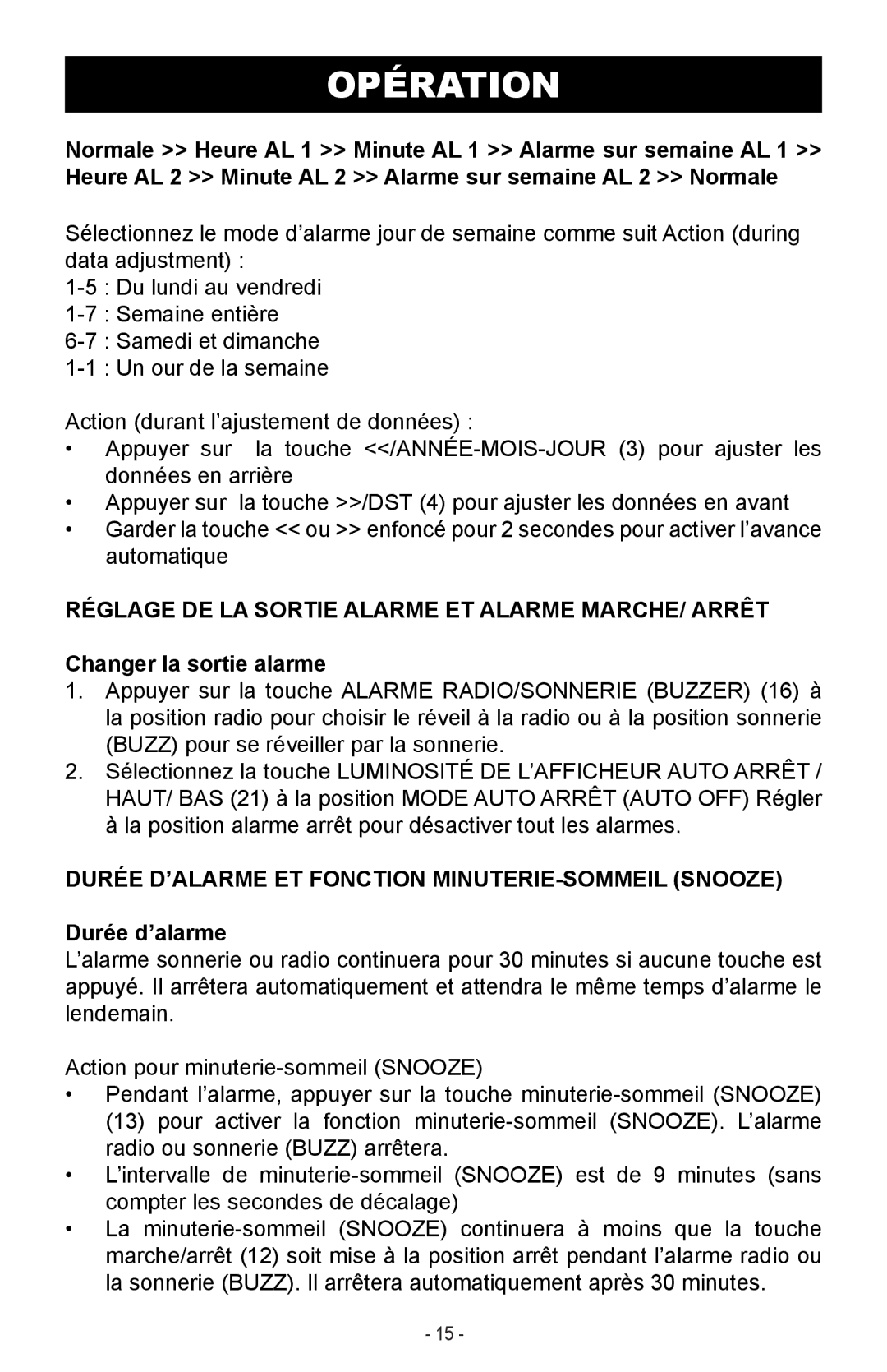 Magnasonic MAAC500 Réglage DE LA Sortie Alarme ET Alarme MARCHE/ Arrêt, Changer la sortie alarme, Durée d’alarme 