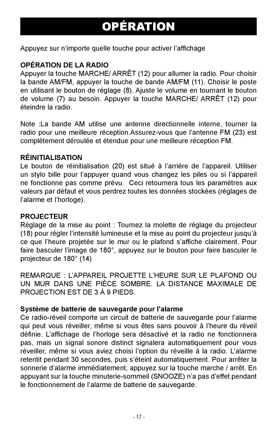 Magnasonic MAAC500 Opération DE LA Radio, Réinitialisation, Projecteur, Système de batterie de sauvegarde pour l’alarme 