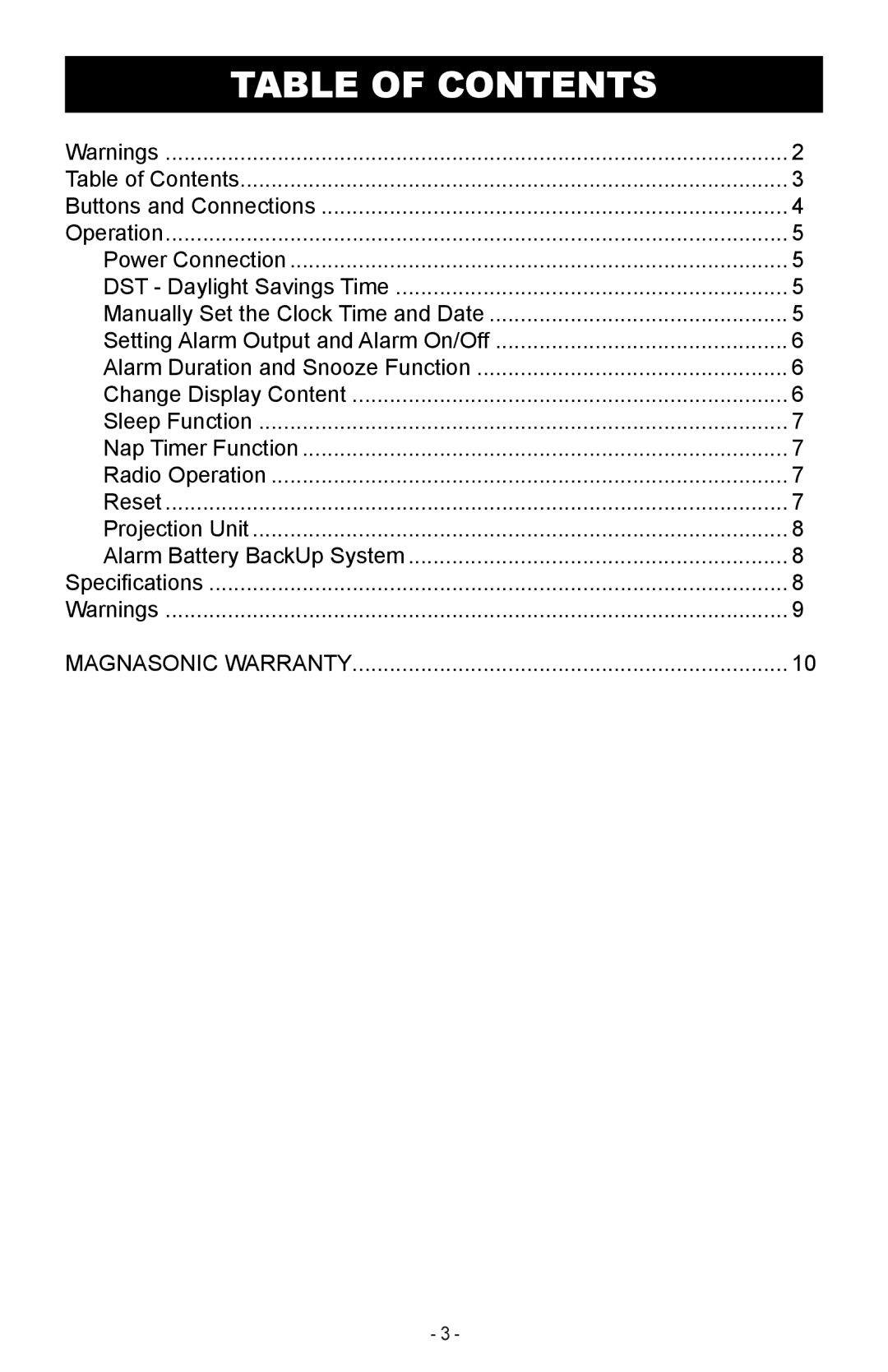 Magnasonic MAAC500 instruction manual Table of Contents 