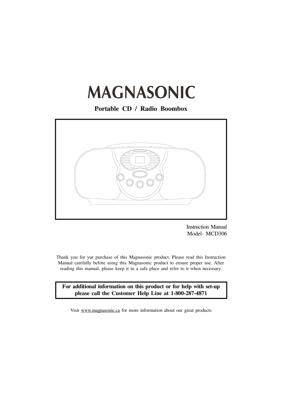 Magnasonic MCD306 instruction manual Portable CD / Radio Boombox 