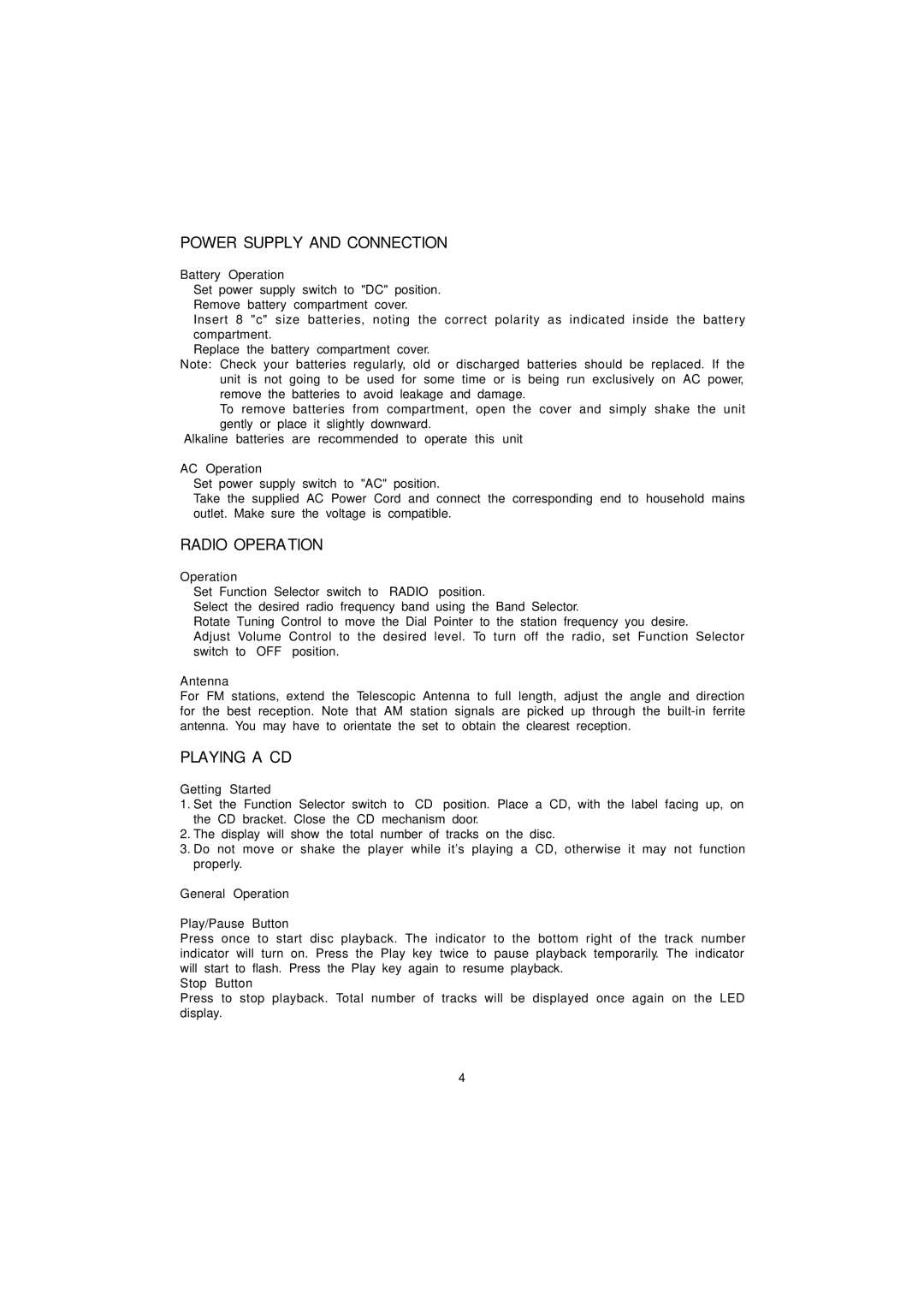 Magnasonic MCD306 instruction manual Power Supply and Connection, Radio Operation, Playing a CD 