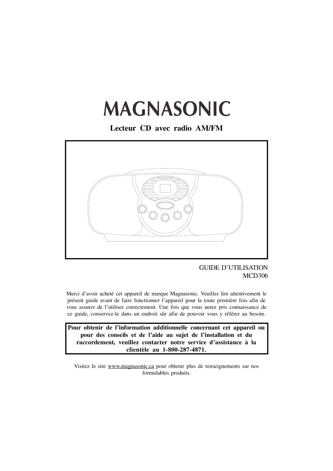 Magnasonic MCD306 instruction manual Lecteur CD avec radio AM/FM 