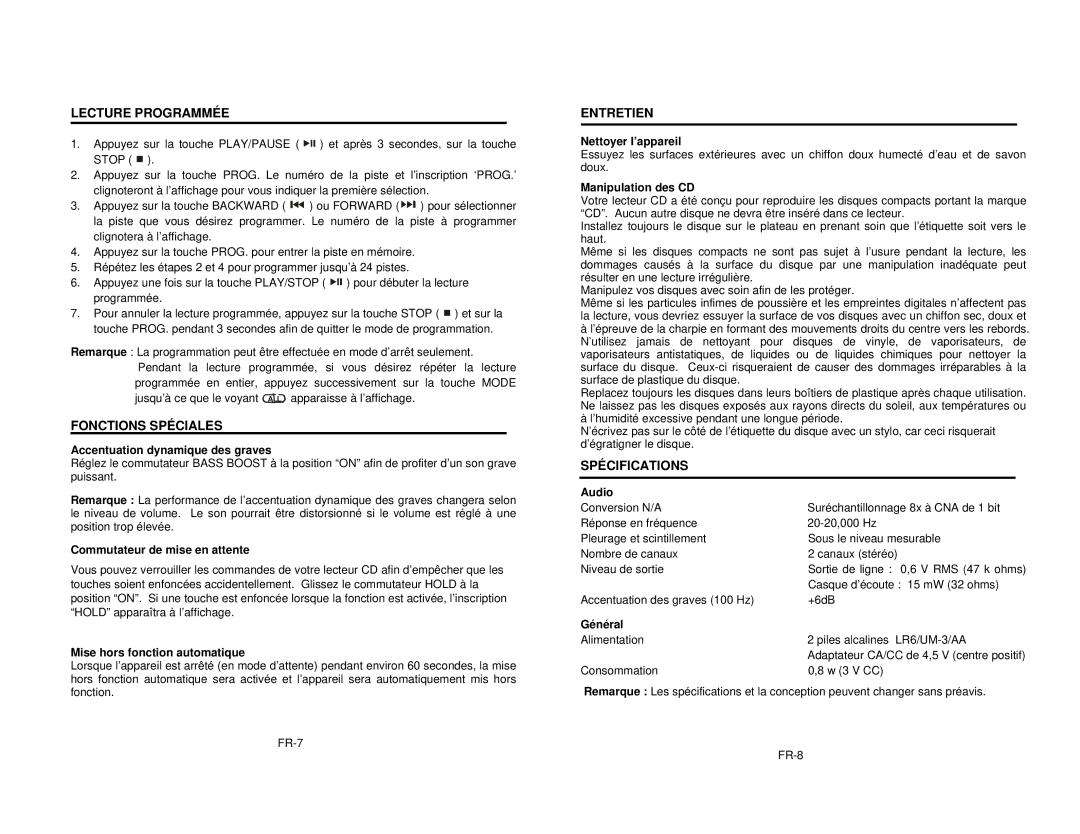 Magnasonic MCD5304-2 owner manual Lecture Programmée, Fonctions Spéciales, Entretien, Spécifications 