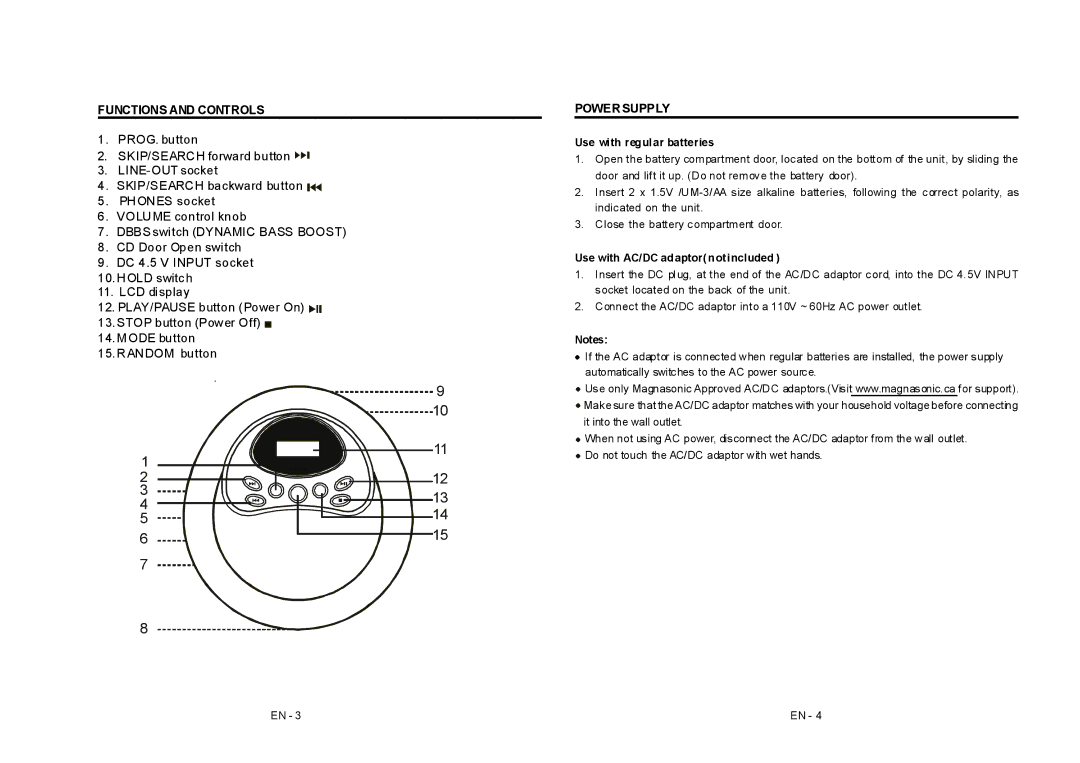 Magnasonic MCD5304-2 Functions and Controls, Power Supply, Use with regular batteries, Use with AC/DC adaptor not included 