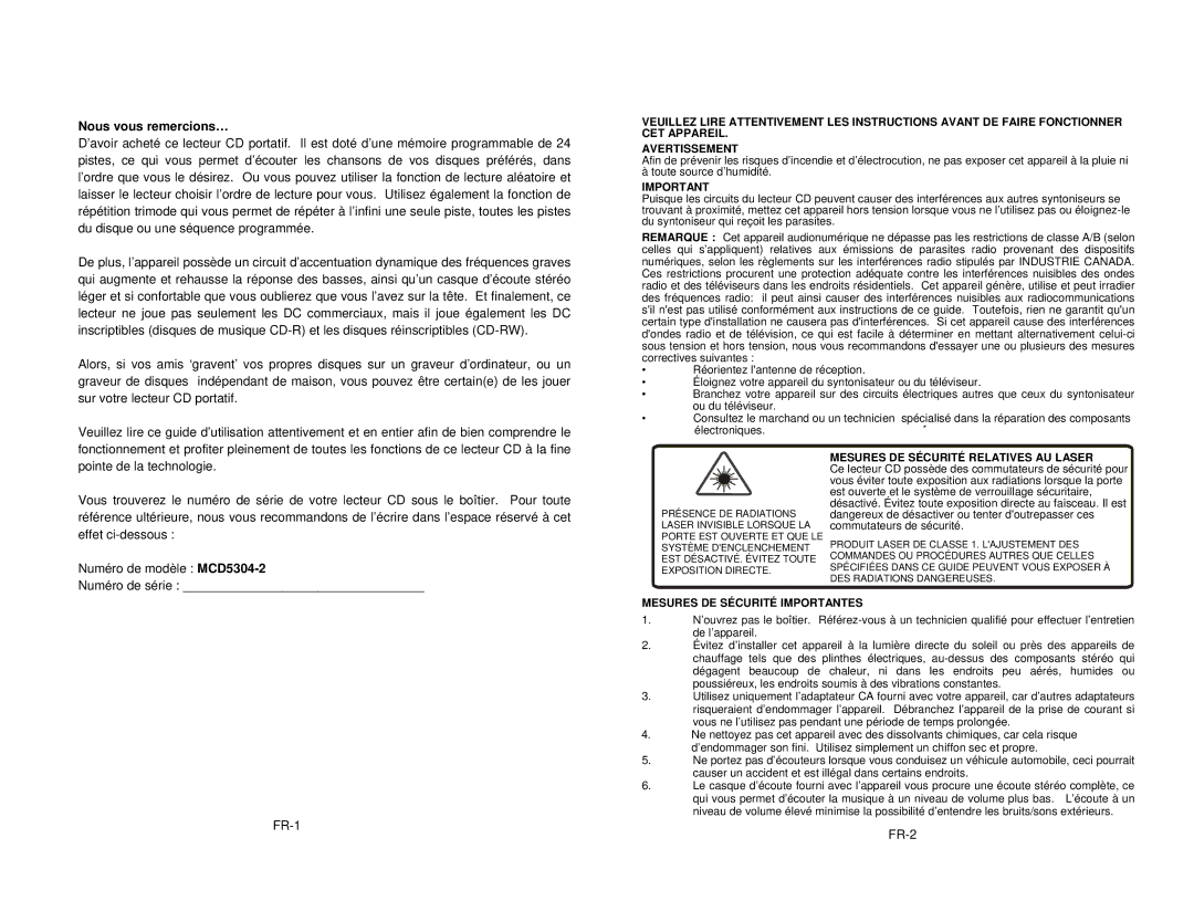 Magnasonic MCD5304-2 owner manual Nous vous remercions…, Mesures DE Sécurité Relatives AU Laser 