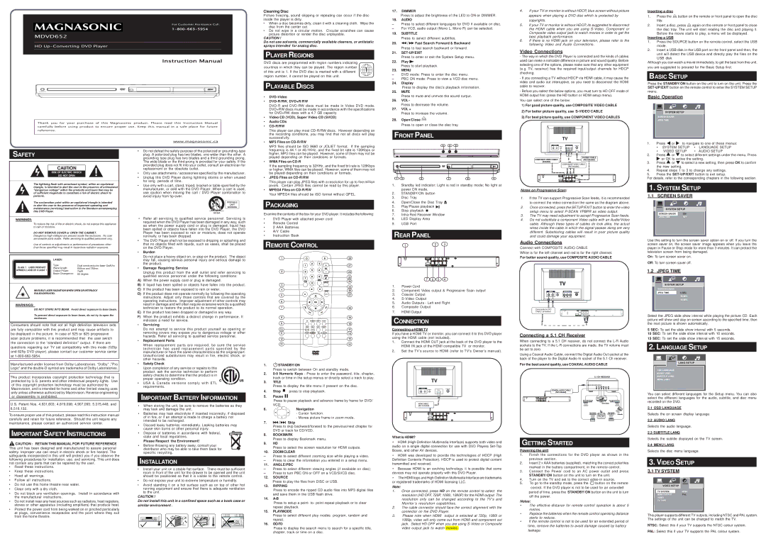 Magnasonic MDVD652 instruction manual Player Regions, Playable Discs, Front Panel, Basic Setup, Safety, Installation 