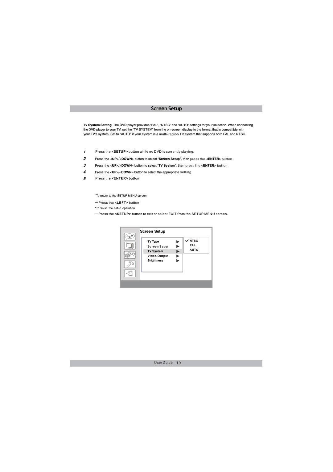 Magnasonic MDVD654 instruction manual Press the button Setting 