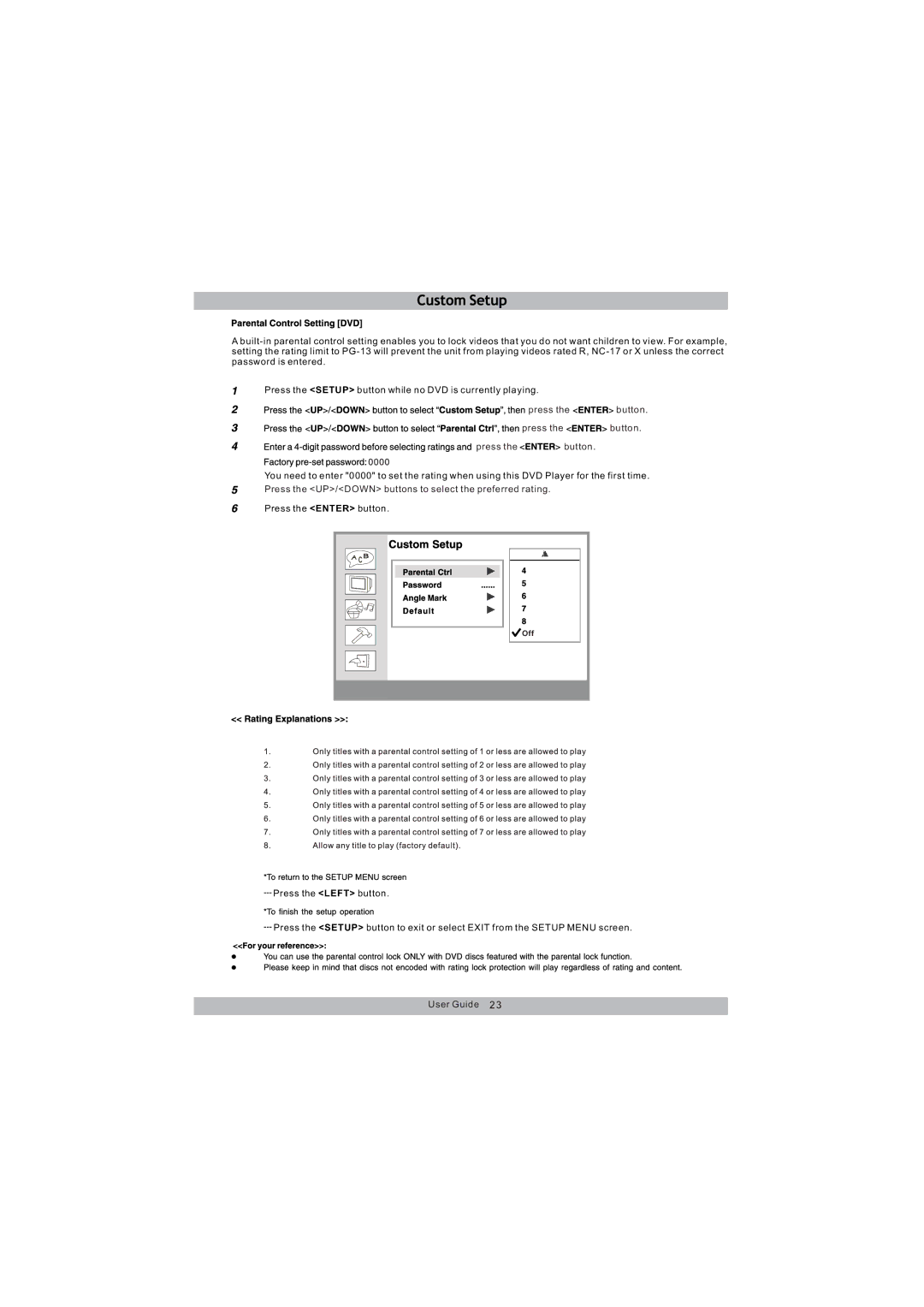 Magnasonic MDVD654 instruction manual Press the UP/DOWN buttons to select the preferred rating 