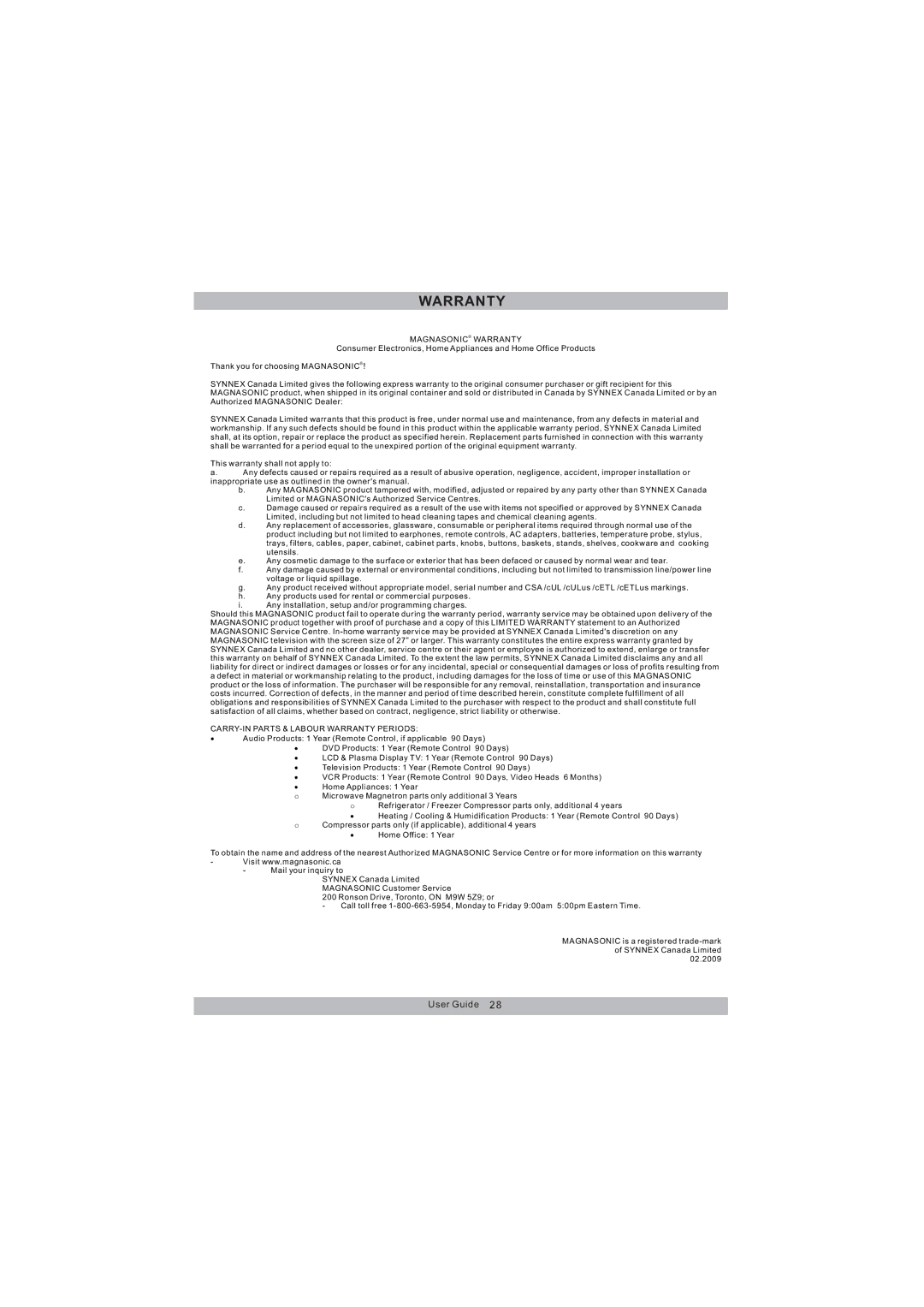 Magnasonic MDVD654 instruction manual Warranty 