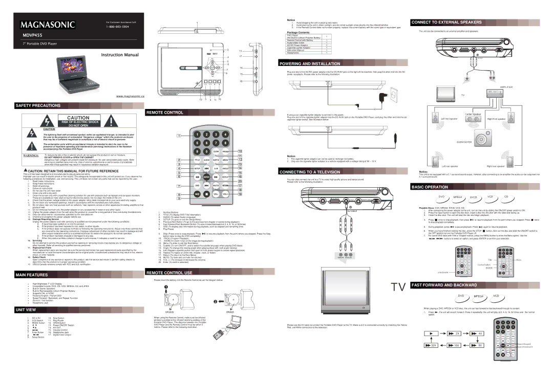 Magnasonic MDVP455 instruction manual Safety Precautions, Remote Control, Powering and Installation, Basic Operation 