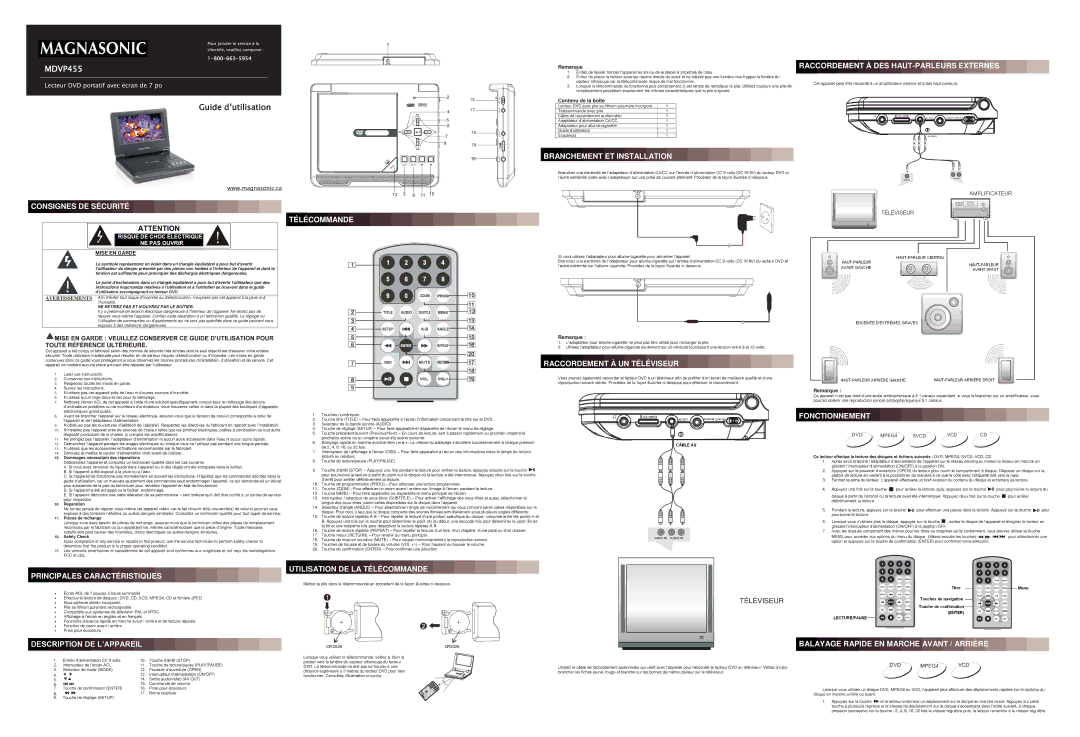 Magnasonic MDVP455 Raccordement À DES HAUT-PARLEURS Externes, Branchement ET Installation, Consignes DE Sécurité 