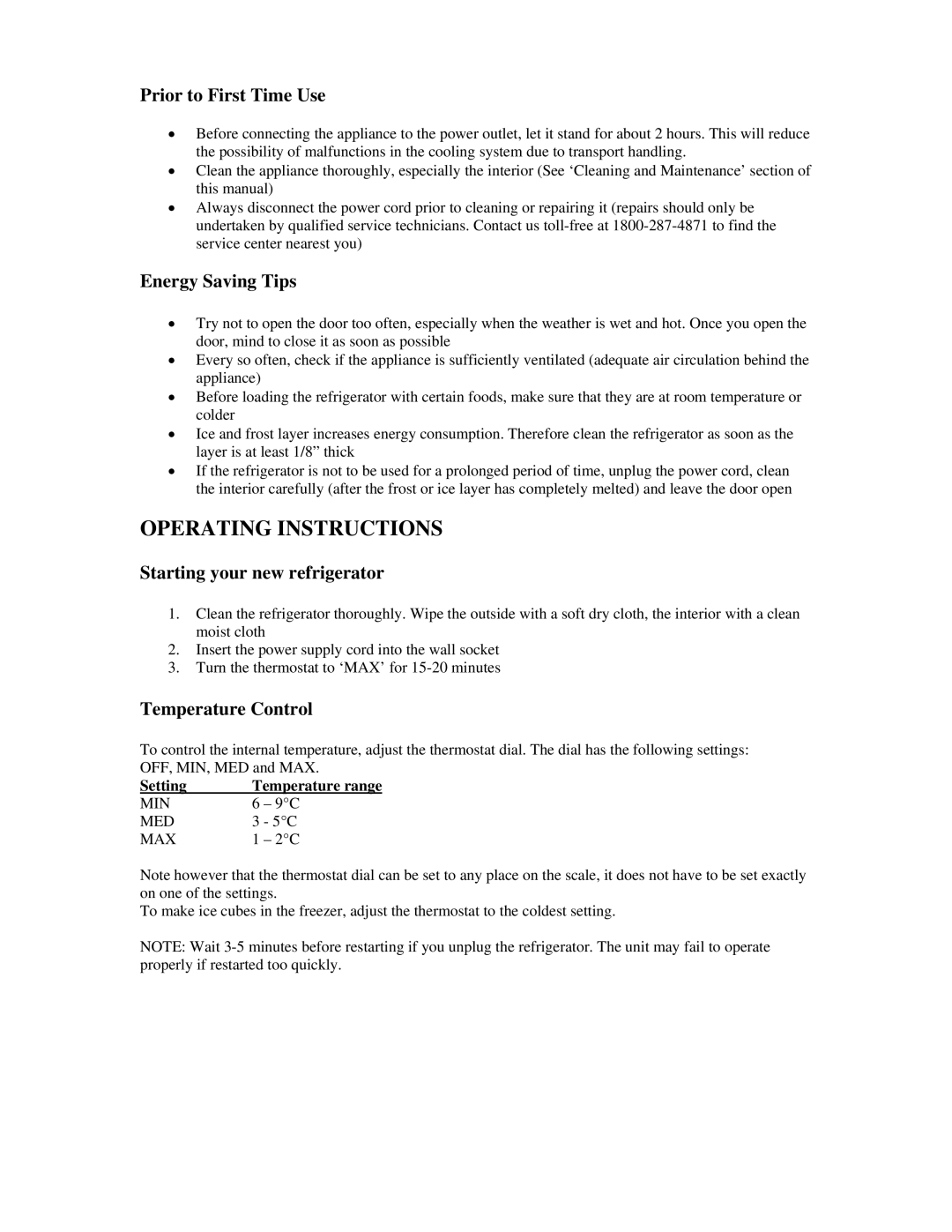 Magnasonic MF7018-3 Operating Instructions, Prior to First Time Use, Energy Saving Tips, Starting your new refrigerator 