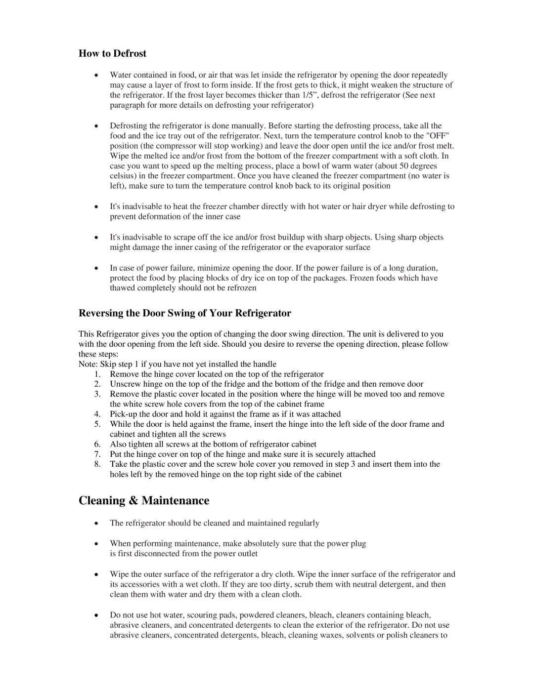 Magnasonic MF7018-3 Cleaning & Maintenance, How to Defrost, Reversing the Door Swing of Your Refrigerator 