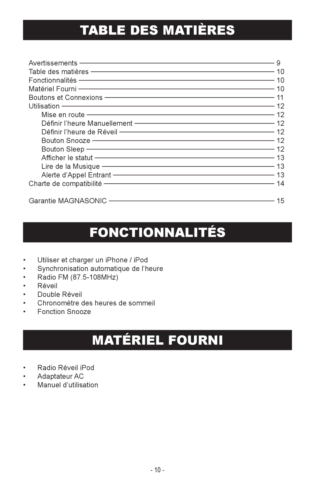 Magnasonic MiC1000 instruction manual Table DES Matières, Fonctionnalités, Matériel Fourni 