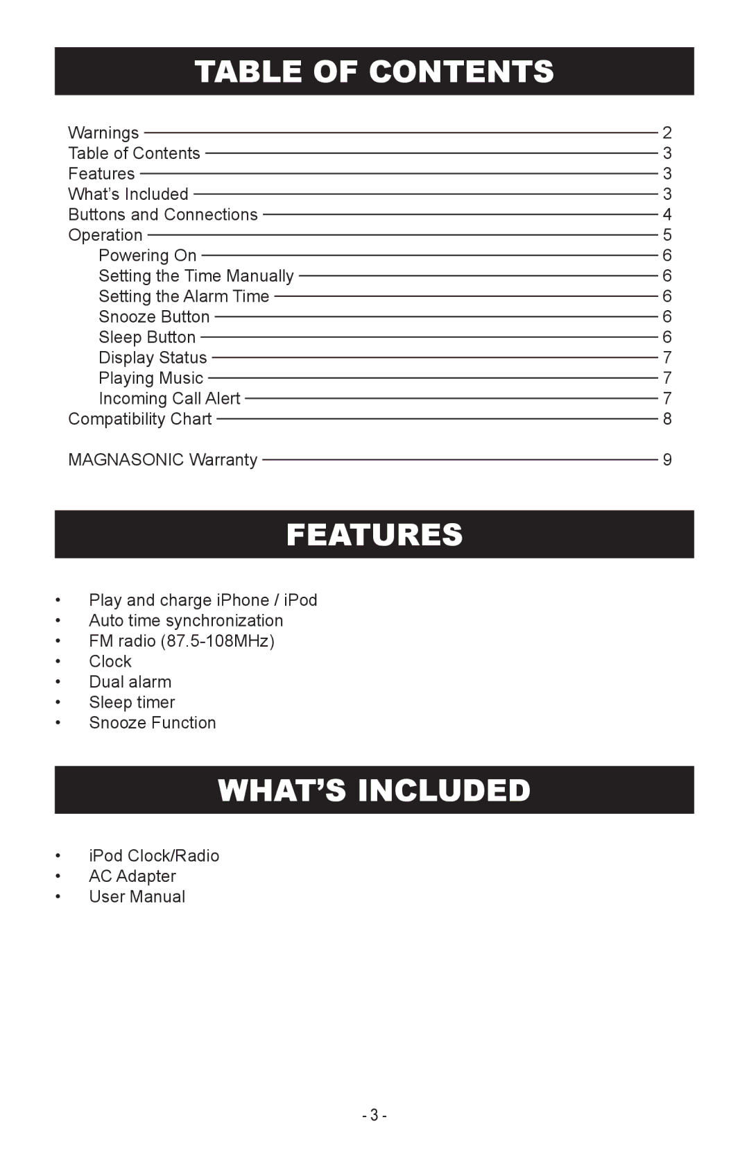 Magnasonic MiC1000 instruction manual Table of Contents, Features, WHAT’S Included 