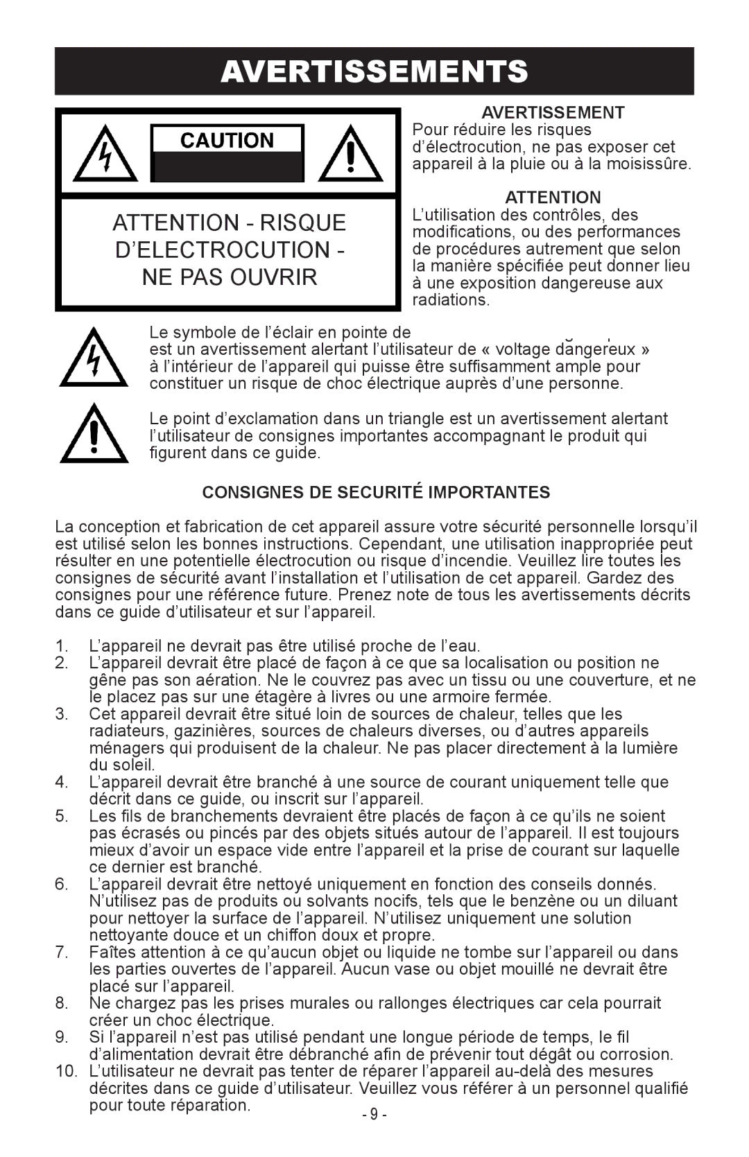 Magnasonic MiC1000 instruction manual Avertissements 