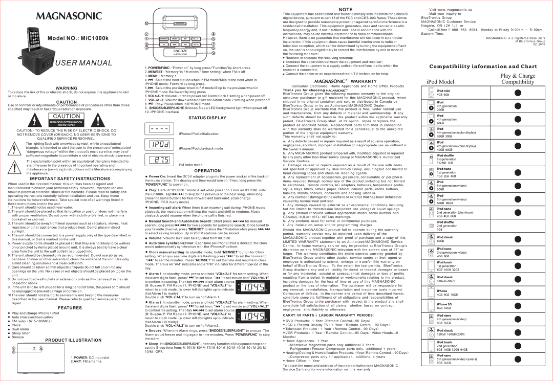 Magnasonic user manual Model NO. MiC1000k 