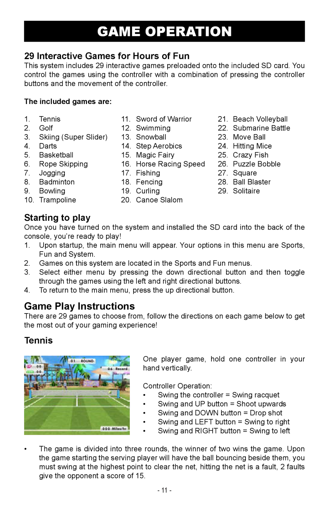 Magnasonic MIGAME1000 instruction manual Game Operation, Starting to play, Tennis 