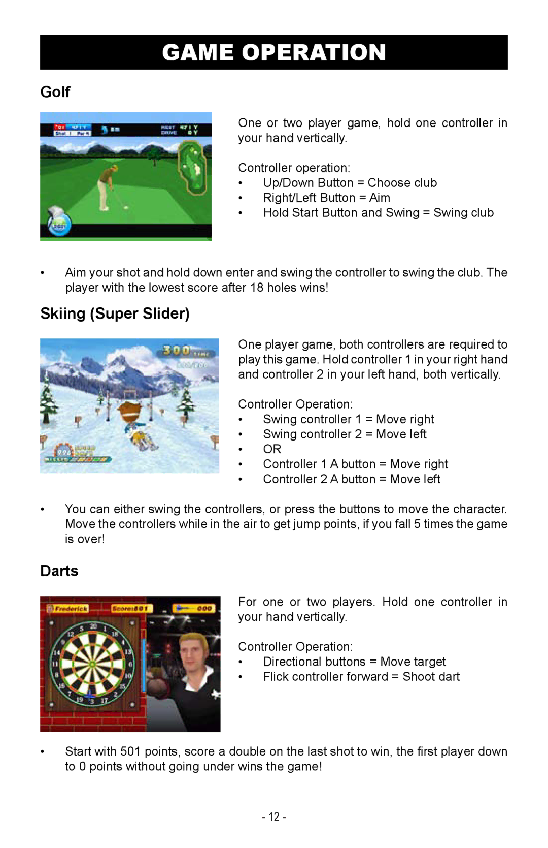 Magnasonic MIGAME1000 instruction manual Golf, Skiing Super Slider, Darts 