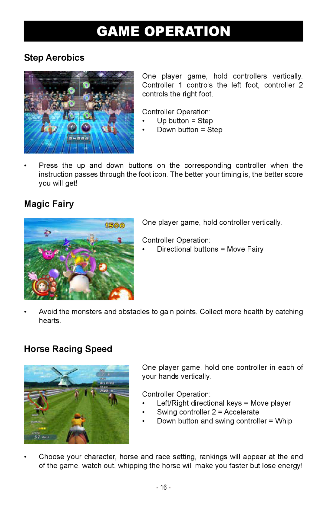 Magnasonic MIGAME1000 instruction manual Step Aerobics, Magic Fairy, Horse Racing Speed 