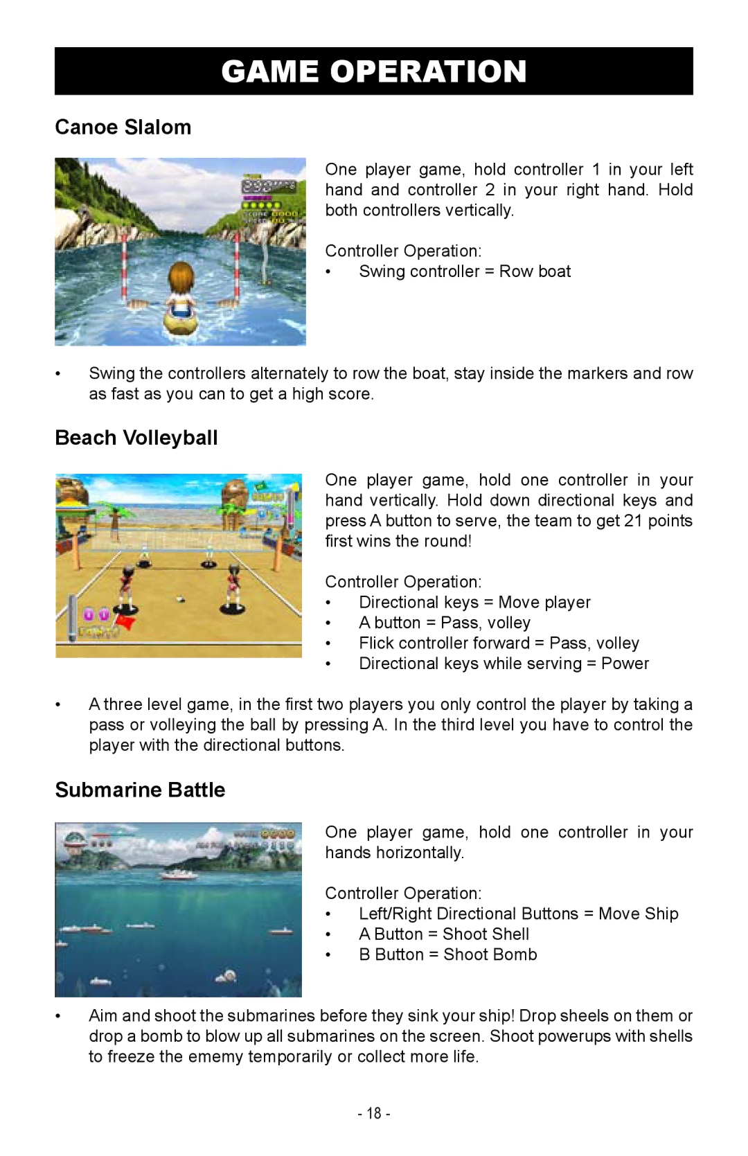 Magnasonic MIGAME1000 instruction manual Canoe Slalom, Beach Volleyball, Submarine Battle 