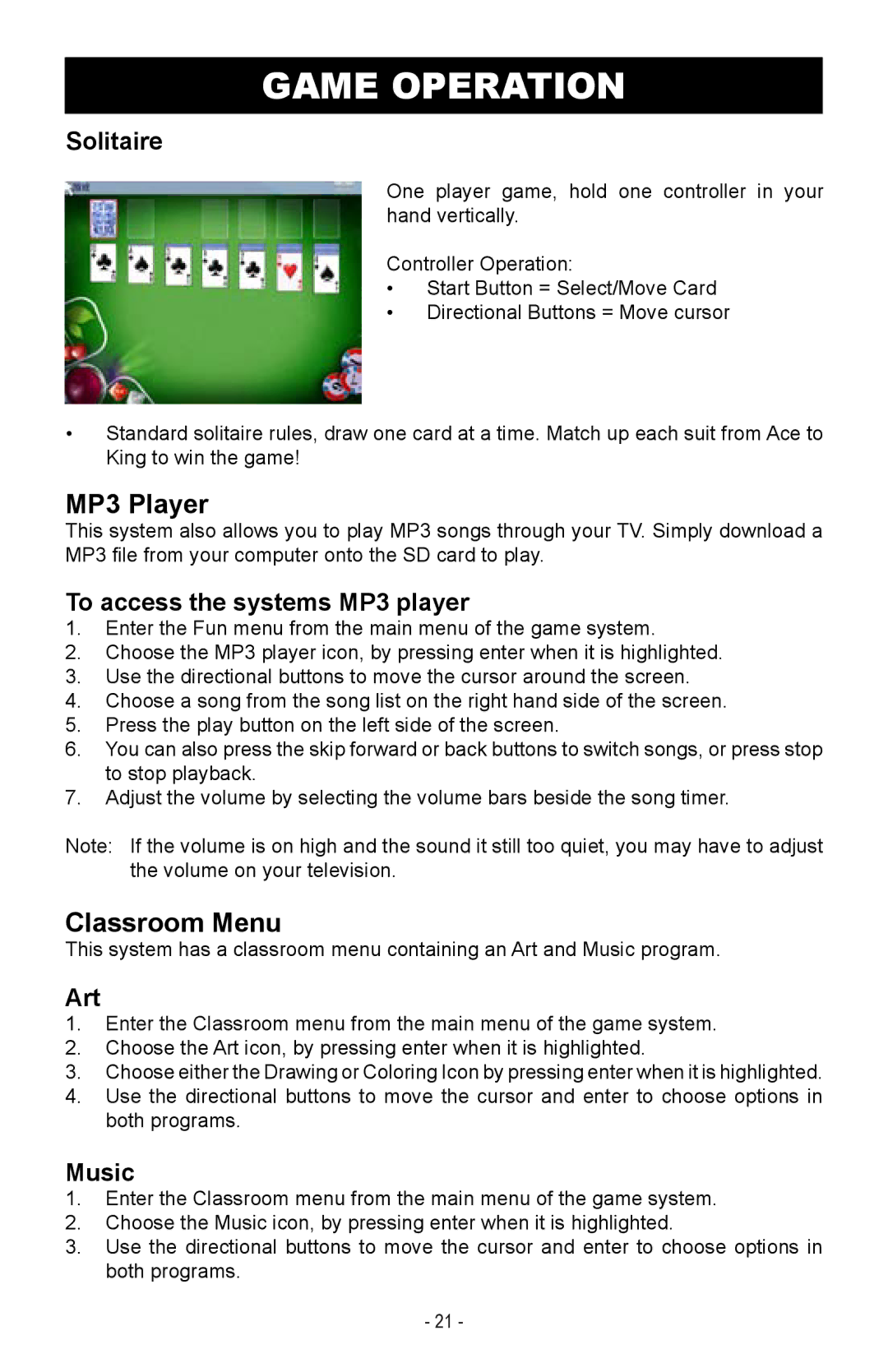 Magnasonic MIGAME1000 instruction manual Solitaire, To access the systems MP3 player, Art, Music 
