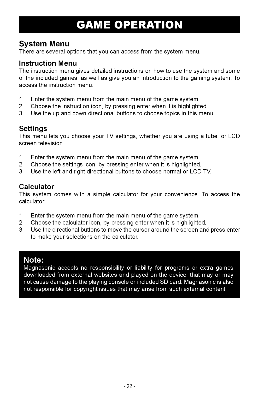 Magnasonic MIGAME1000 instruction manual Instruction Menu, Settings, Calculator 