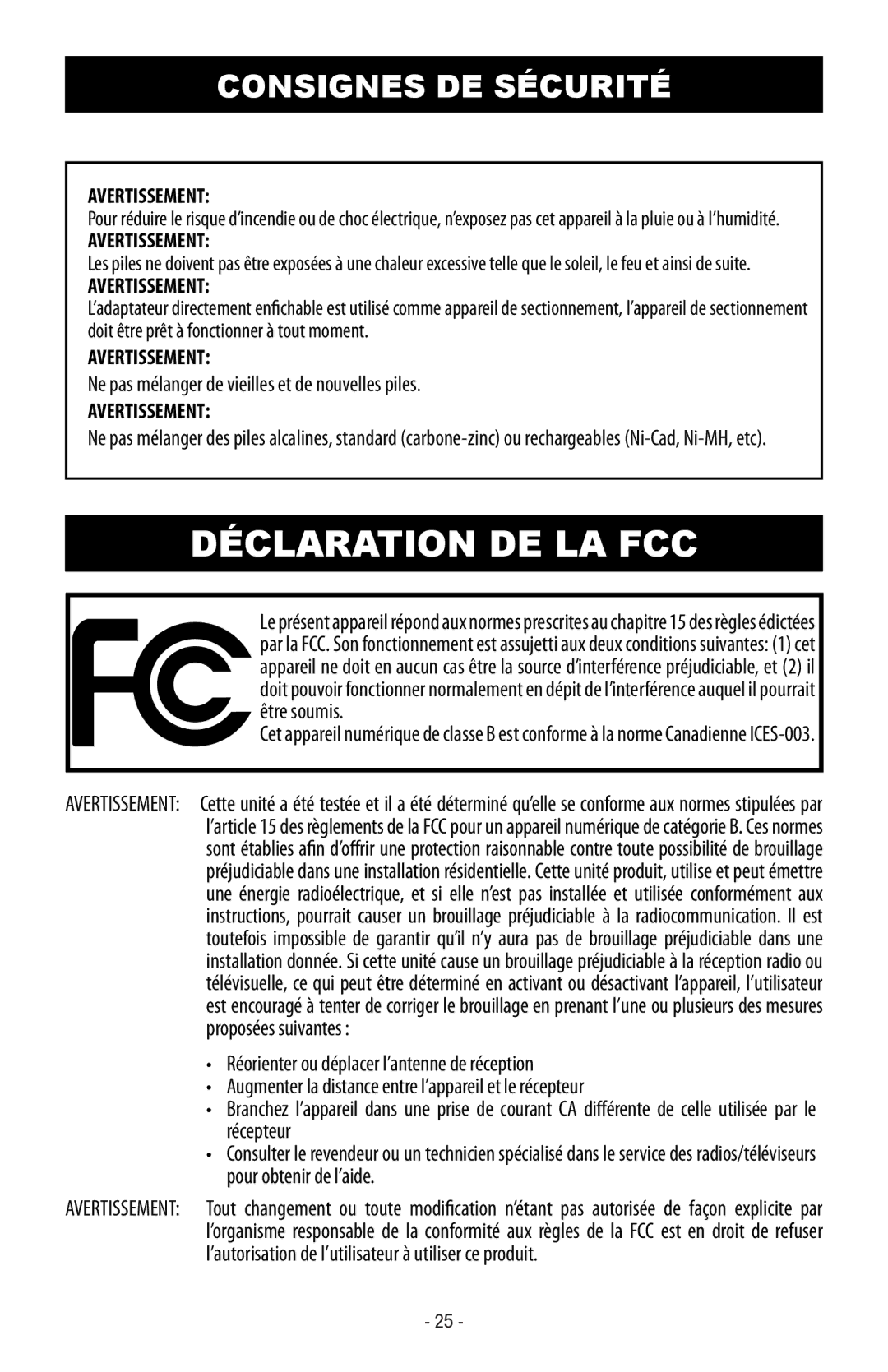 Magnasonic MIGAME1000 instruction manual Déclaration DE LA FCC, Avertissement 