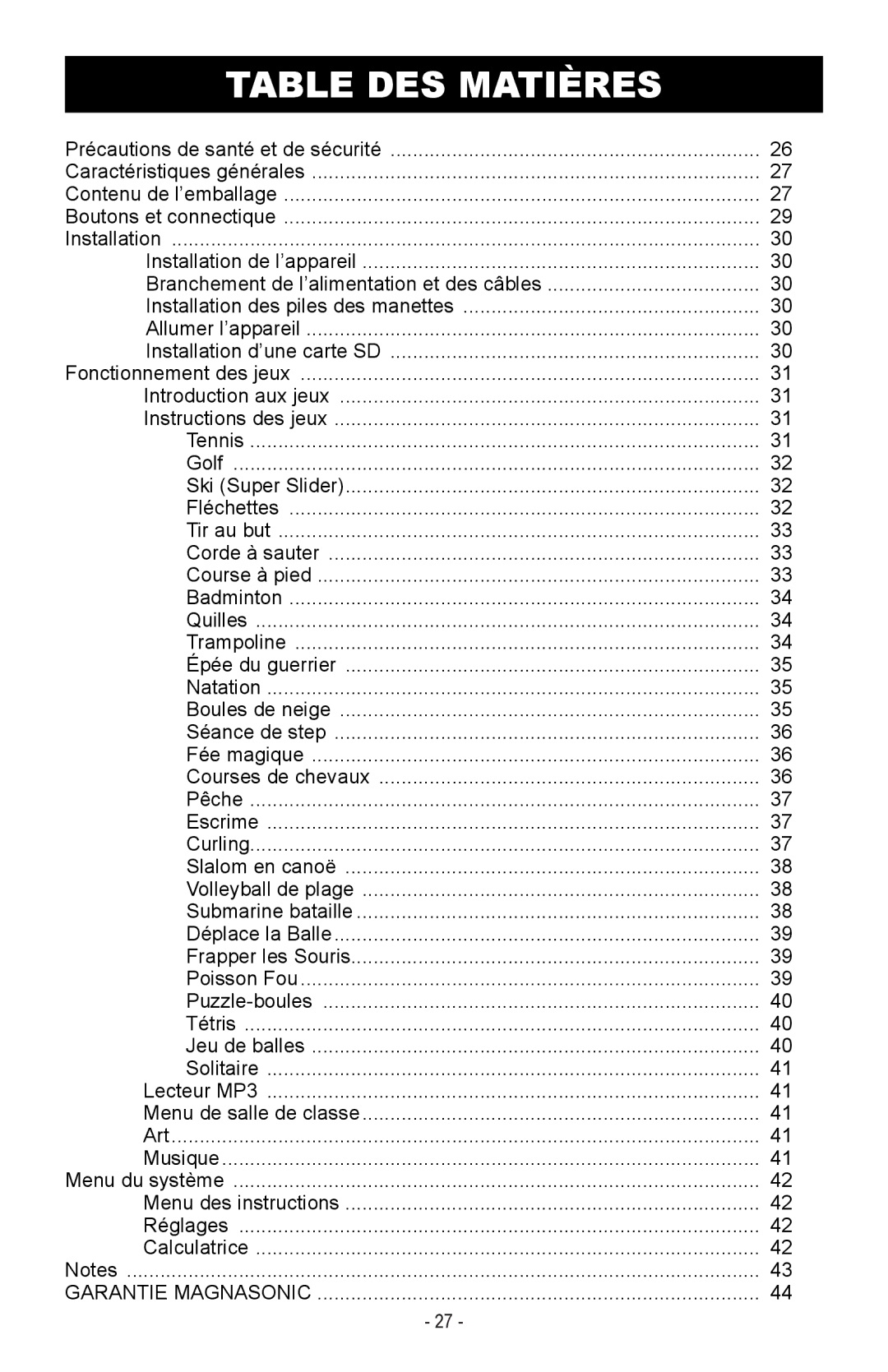 Magnasonic MIGAME1000 instruction manual Table DES Matières 