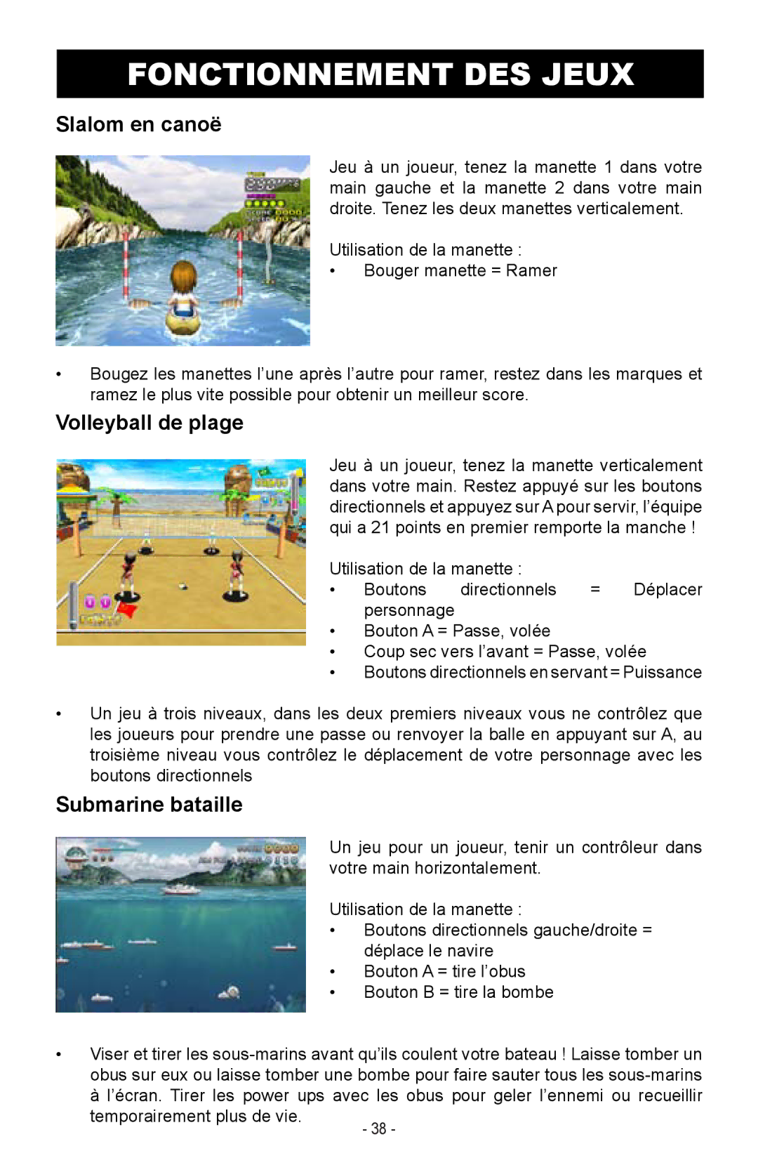 Magnasonic MIGAME1000 instruction manual Slalom en canoë, Volleyball de plage, Submarine bataille 