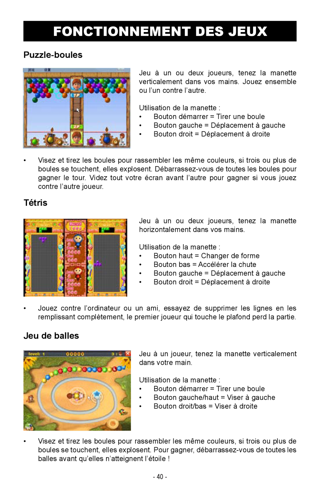 Magnasonic MIGAME1000 instruction manual Puzzle-boules, Tétris, Jeu de balles 