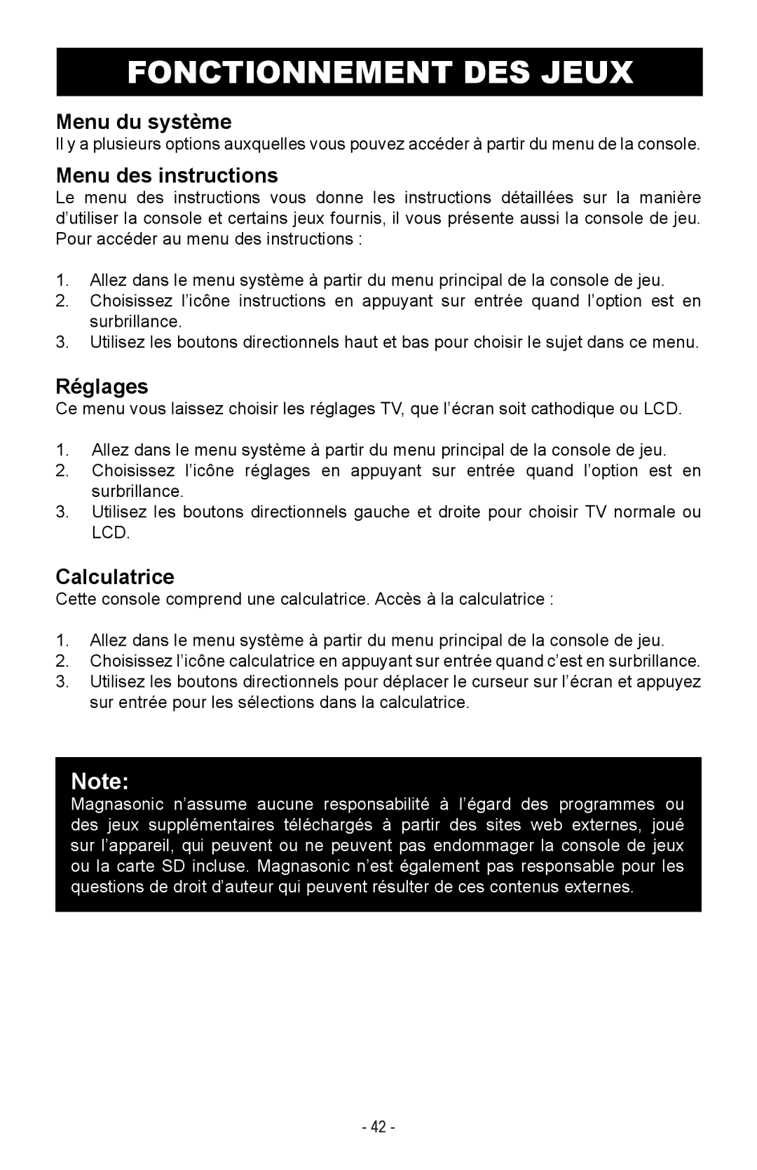 Magnasonic MIGAME1000 instruction manual Menu du système, Menu des instructions, Réglages, Calculatrice 